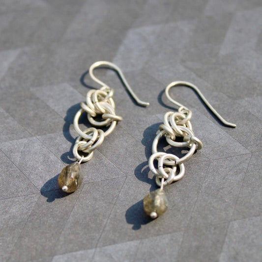 Sterling Silver Chainmaille style earrings with teardrop labradorite beads