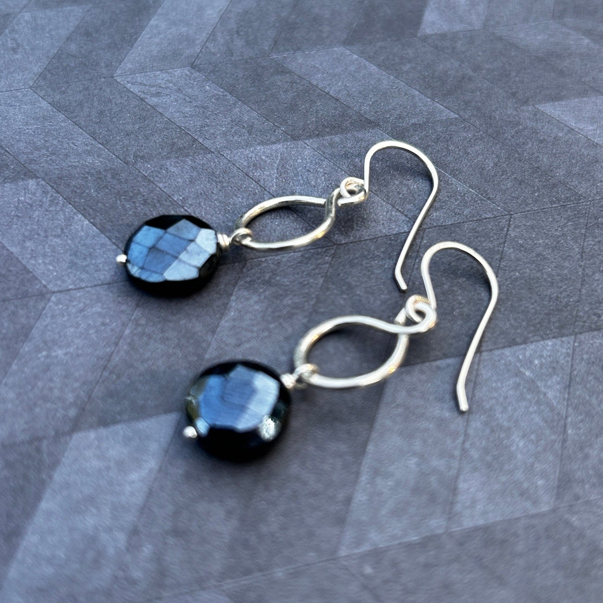Sterling Silver Figure-8 earrings featuring Midnight Faceted Spinel Gemstone