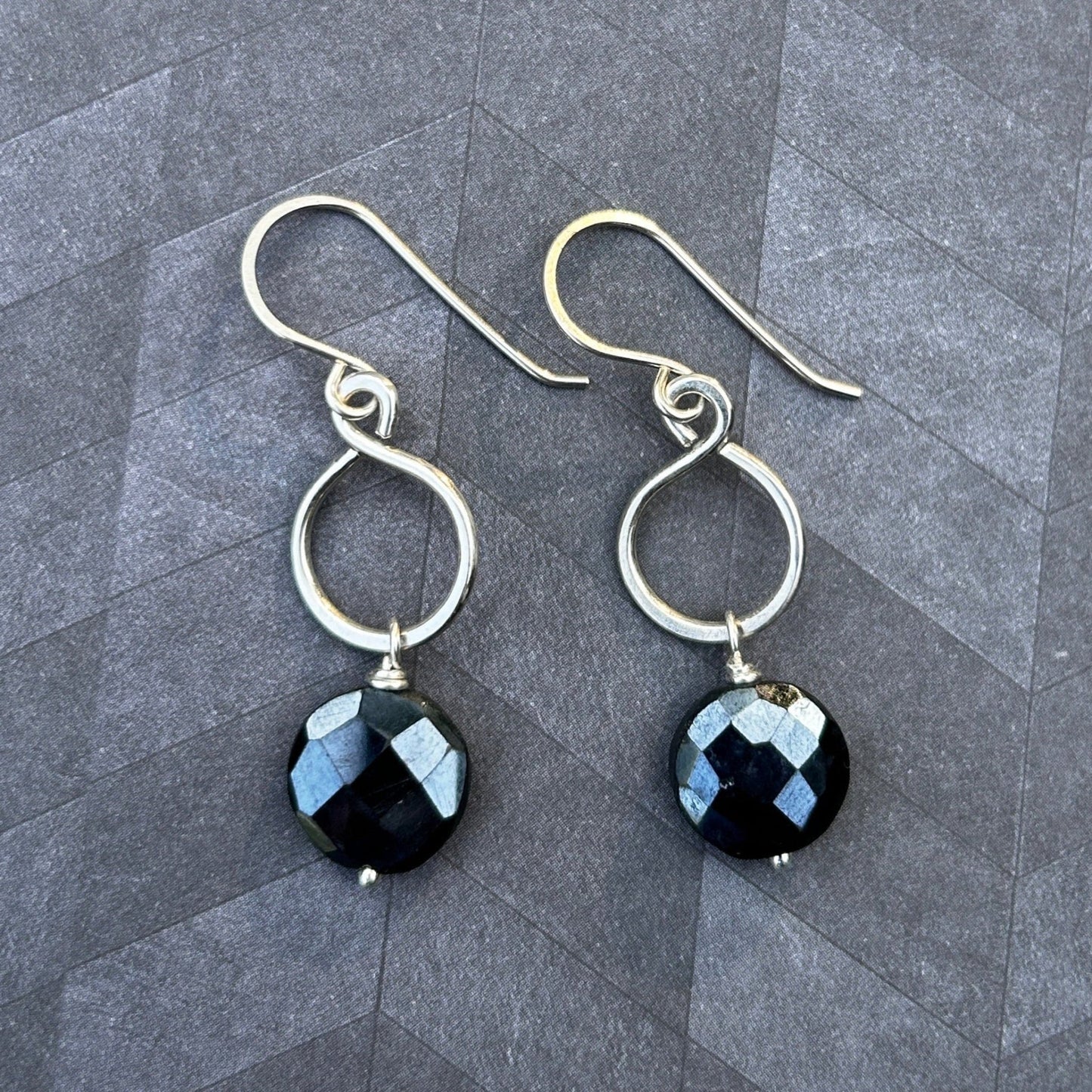 Sterling Silver Figure-8 earrings featuring Midnight Faceted Spinel Gemstone
