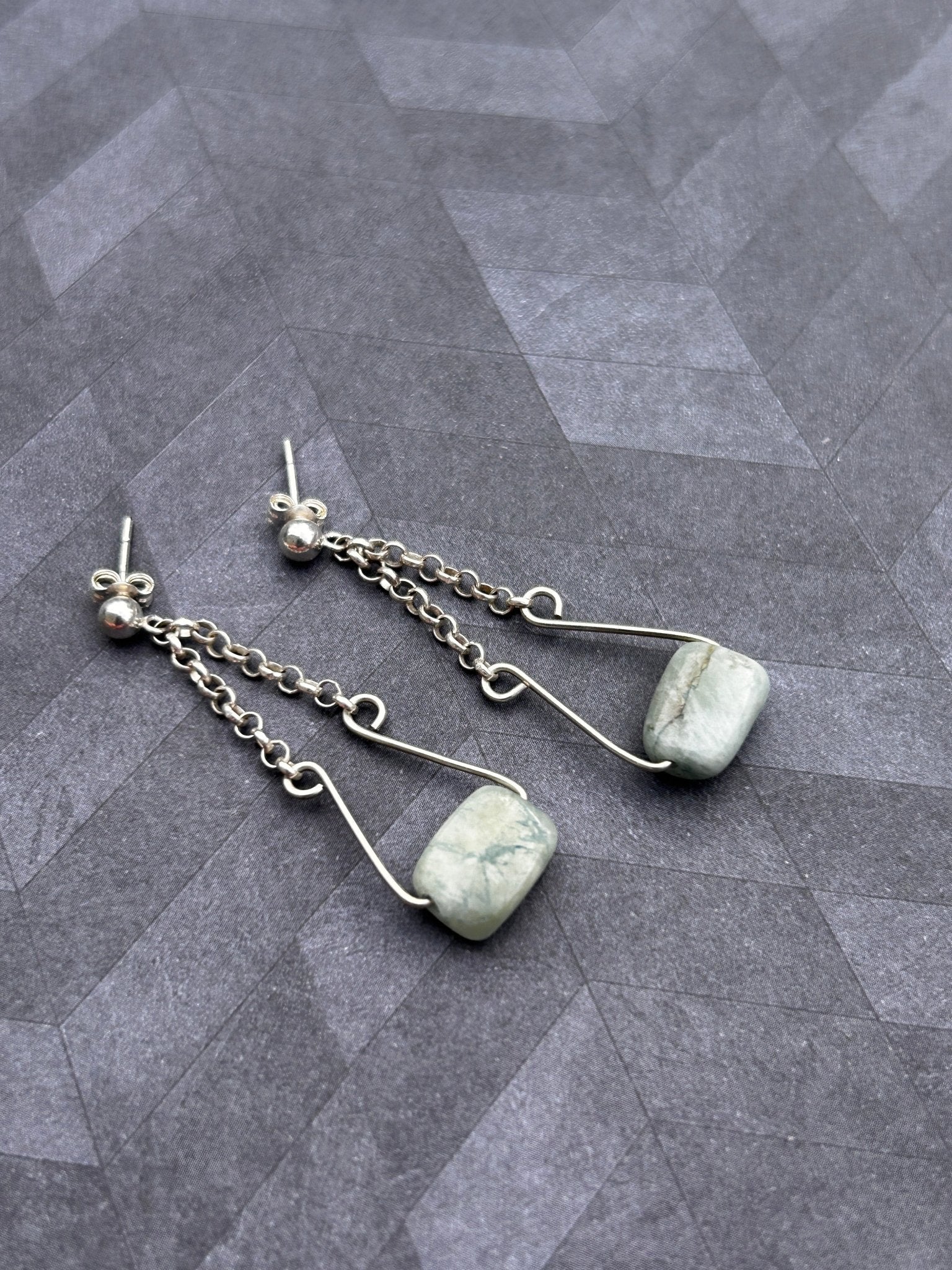 Sterling silver and Aquamarine chain & wire Dangle Earrings