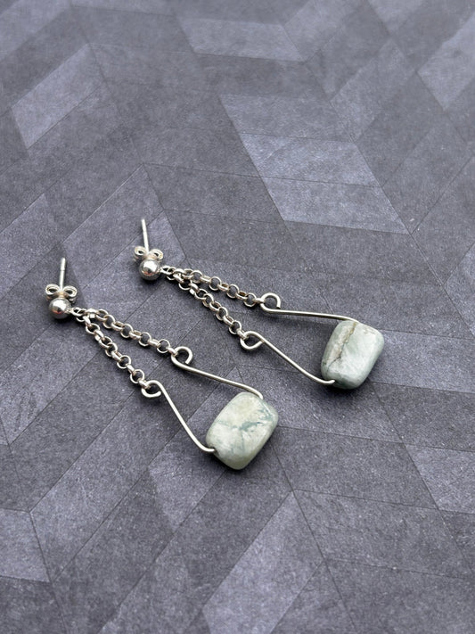 Sterling silver and Aquamarine chain & wire Dangle Earrings