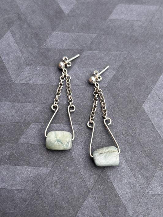 Sterling silver and Aquamarine chain & wire Dangle Earrings
