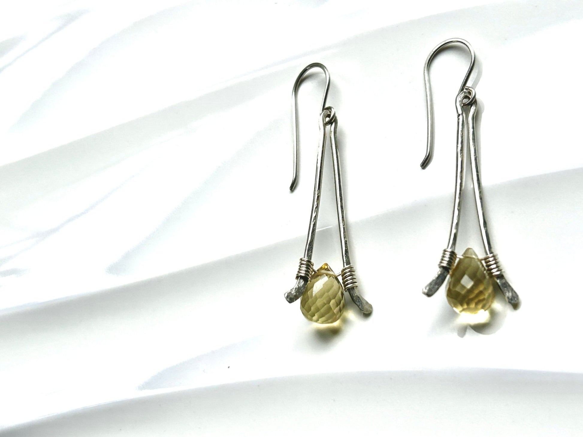 Sterling silver statement earrings with lemon drop faceted quartz briolettes handmade USA