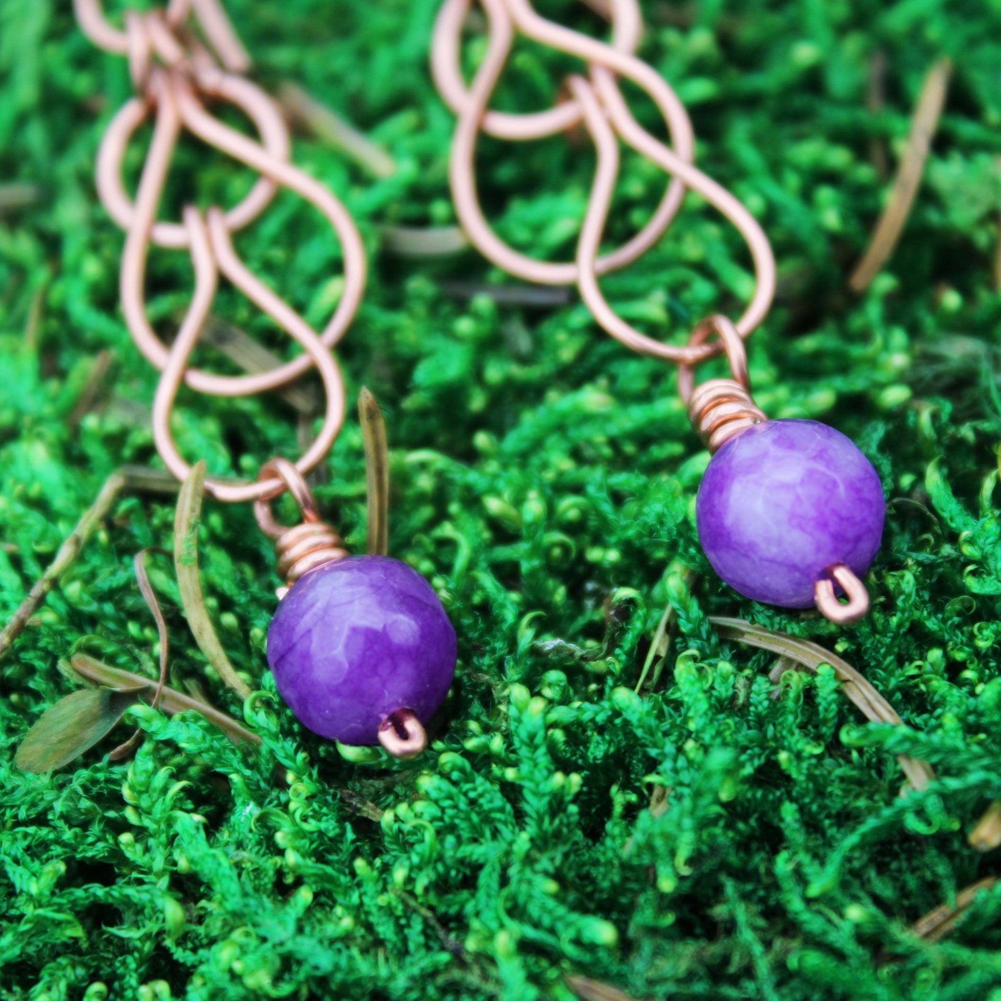 triple loop cotter pin copper dangle handmade earrings with amethyst faceted beads carrie foscato design