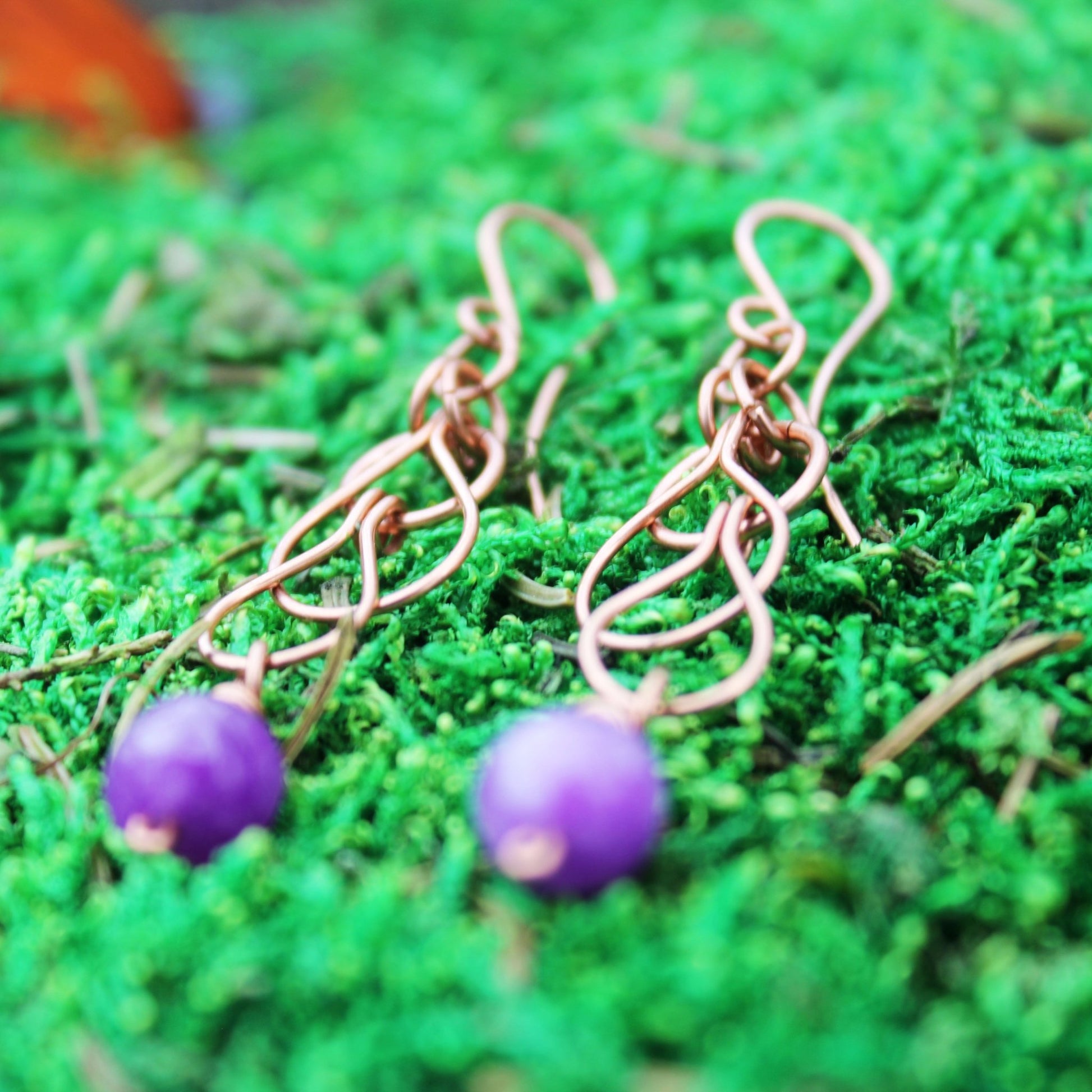 triple loop cotter pin copper dangle handmade earrings with amethyst faceted beads carrie foscato design