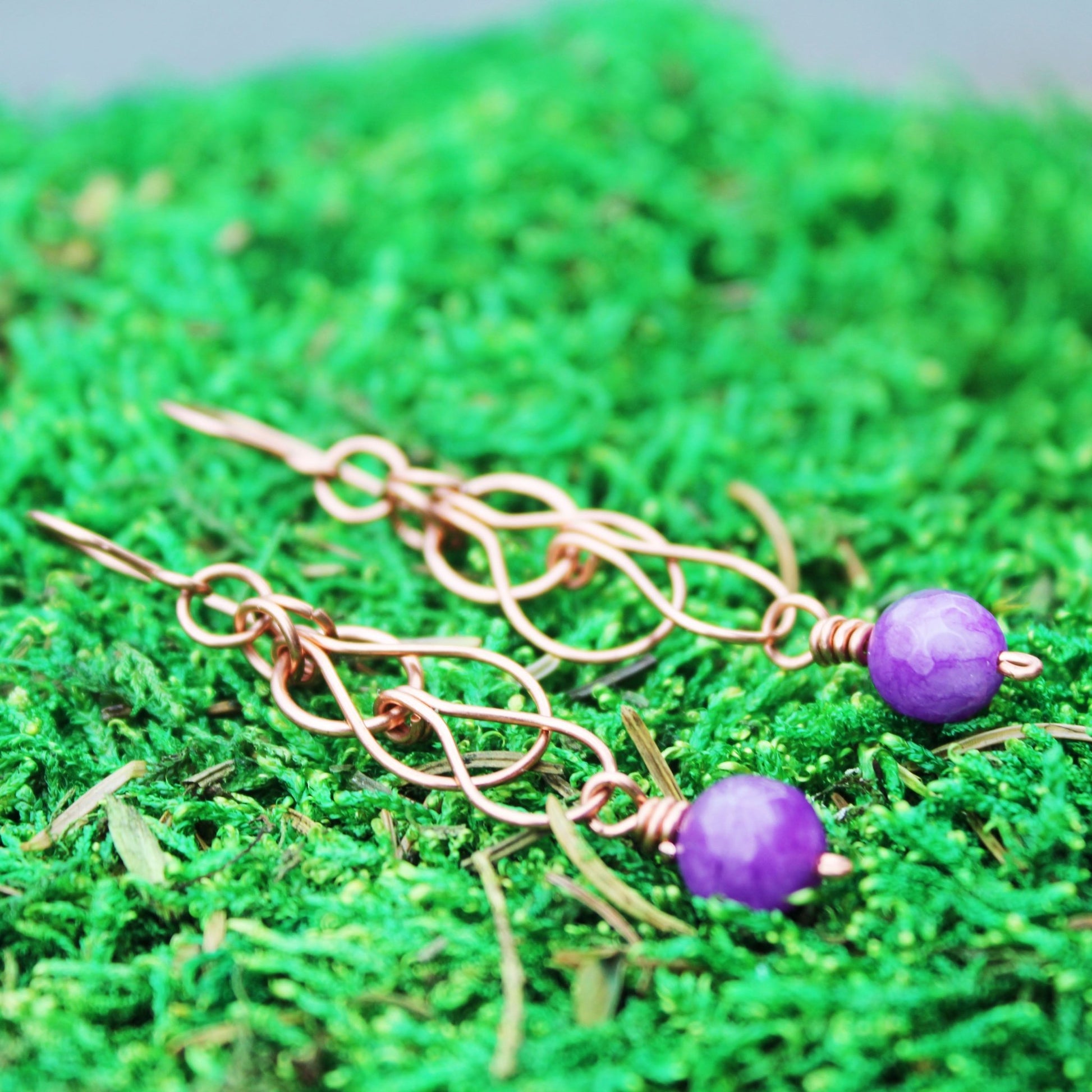 triple loop cotter pin copper dangle handmade earrings with amethyst faceted beads carrie foscato design