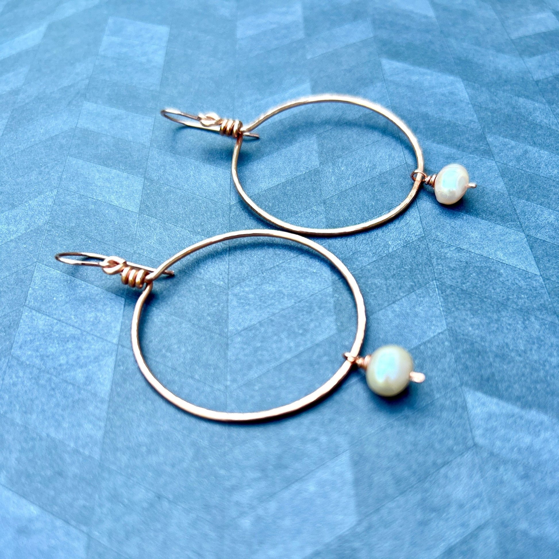 Wire wrapped Copper Hoop Earrings with Pearl Drop