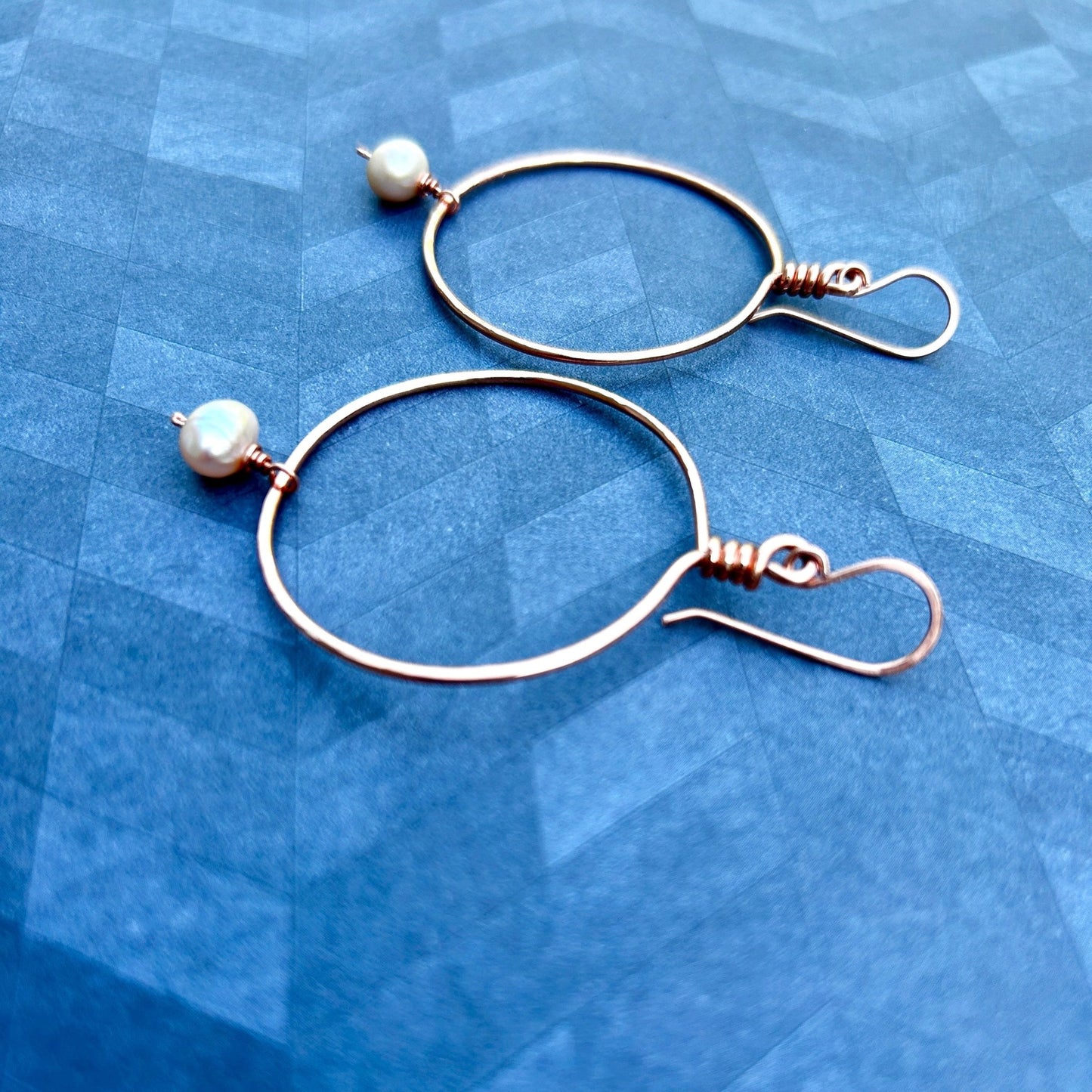 Wire wrapped Copper Hoop Earrings with Pearl Drop