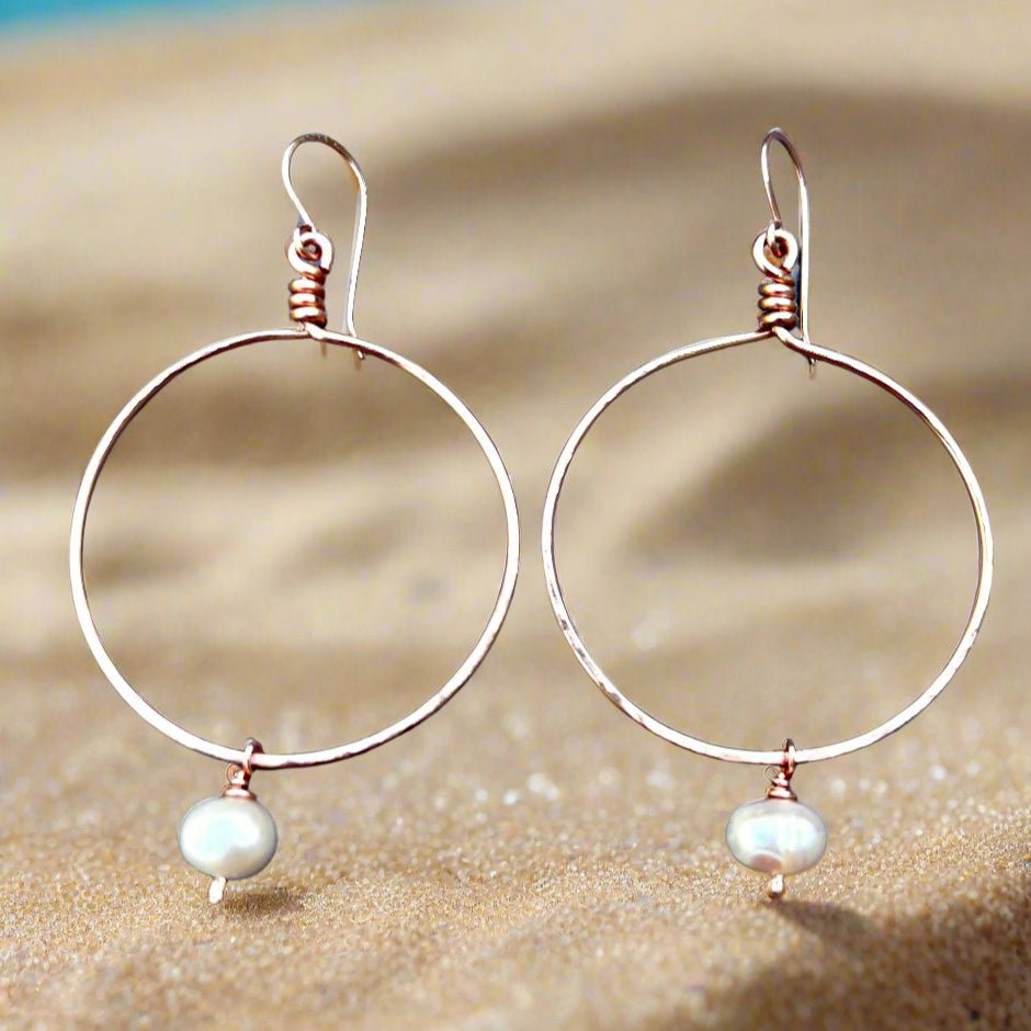 Wire wrapped Copper Hoop Earrings with Pearl Drop