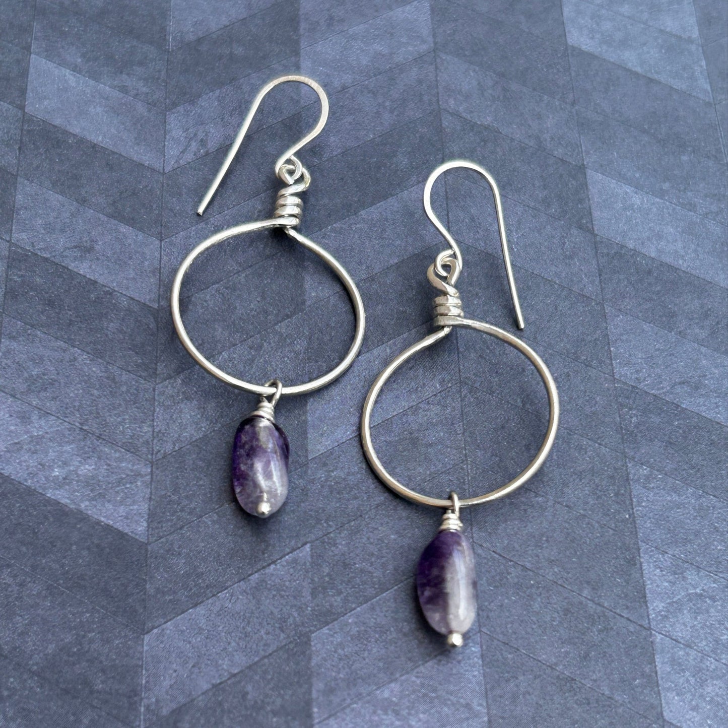 Wire wrapped hoop earrings in sterling silver with amethyst ombré drop gemstones
