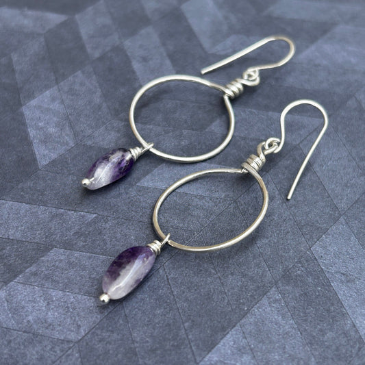 Wire wrapped hoop earrings in sterling silver with amethyst ombré drop gemstones