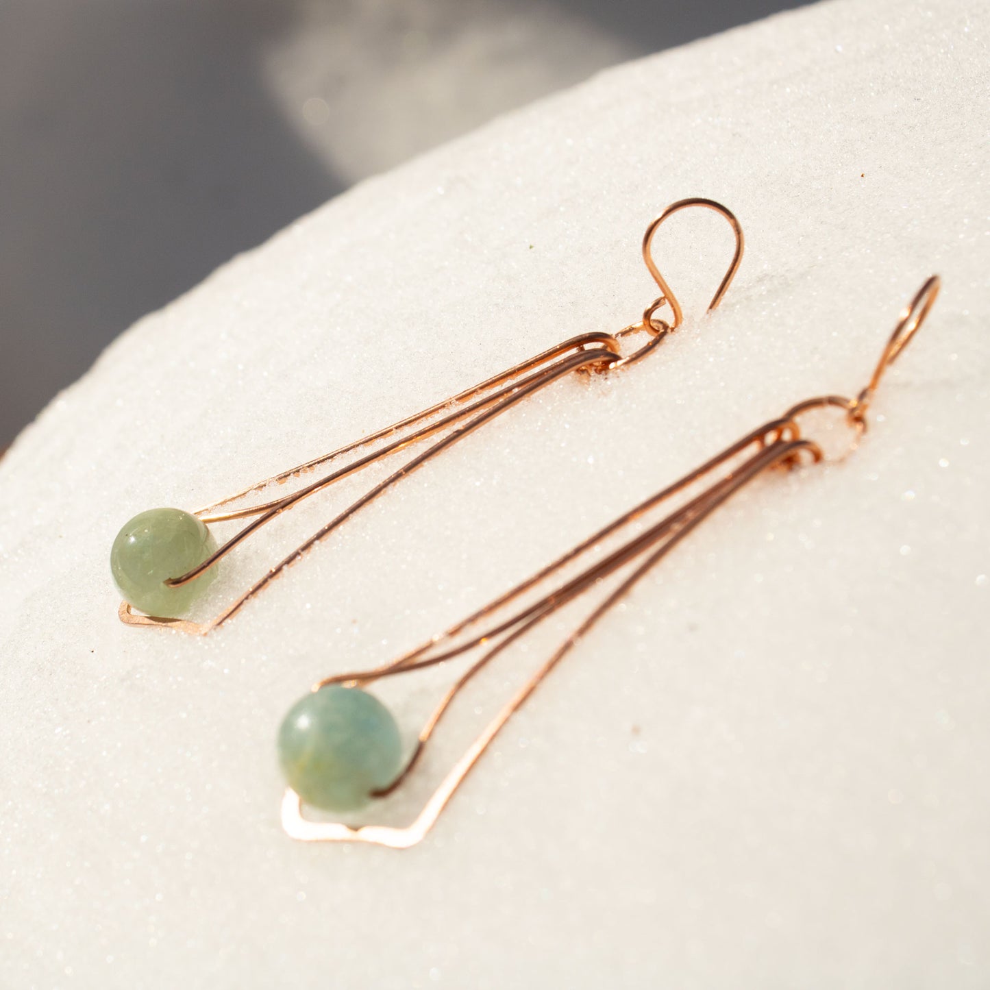 art deco copper wire wrapped earrings with 10mm aquamarine beads handmade USA