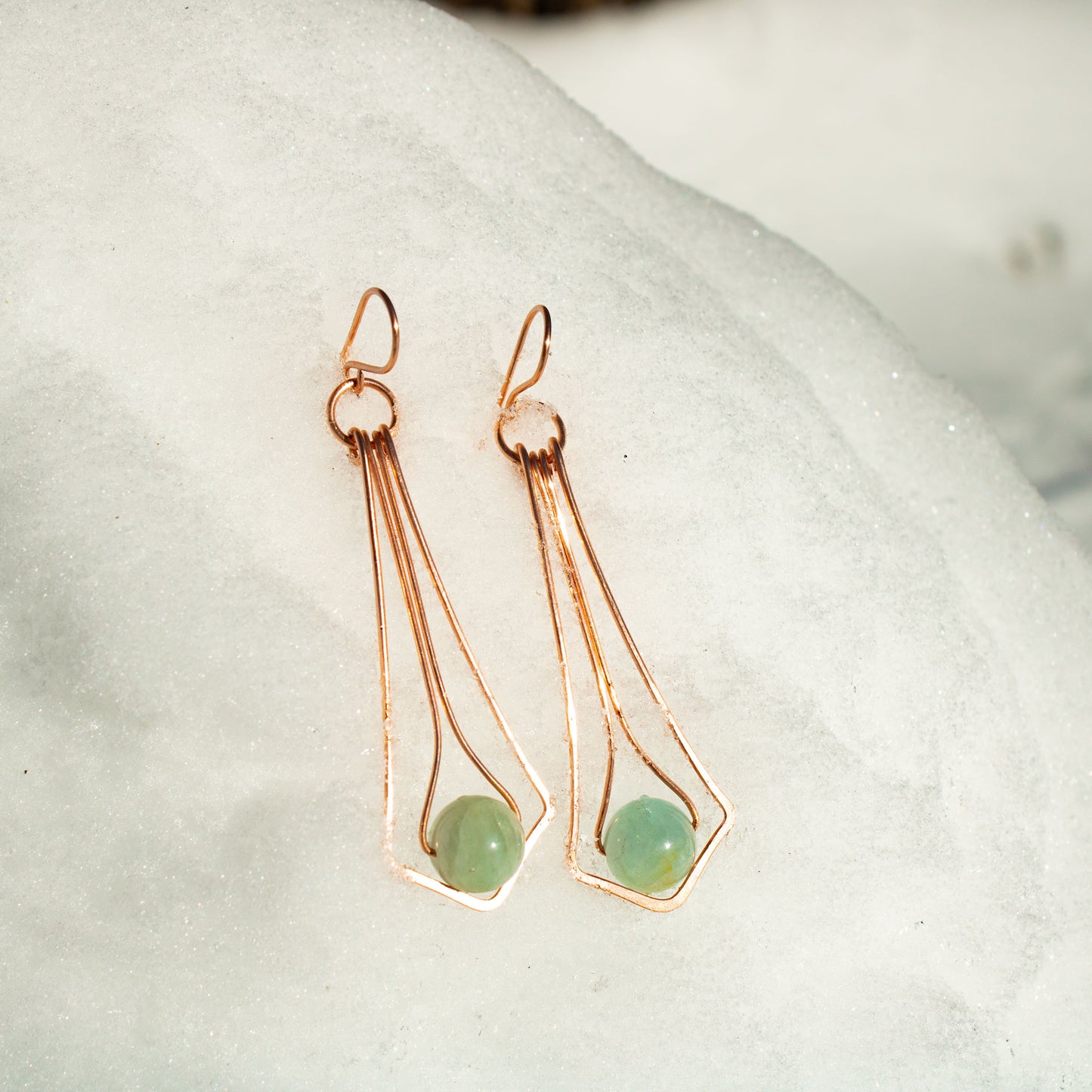 art deco copper wire wrapped earrings with 10mm aquamarine beads handmade USA