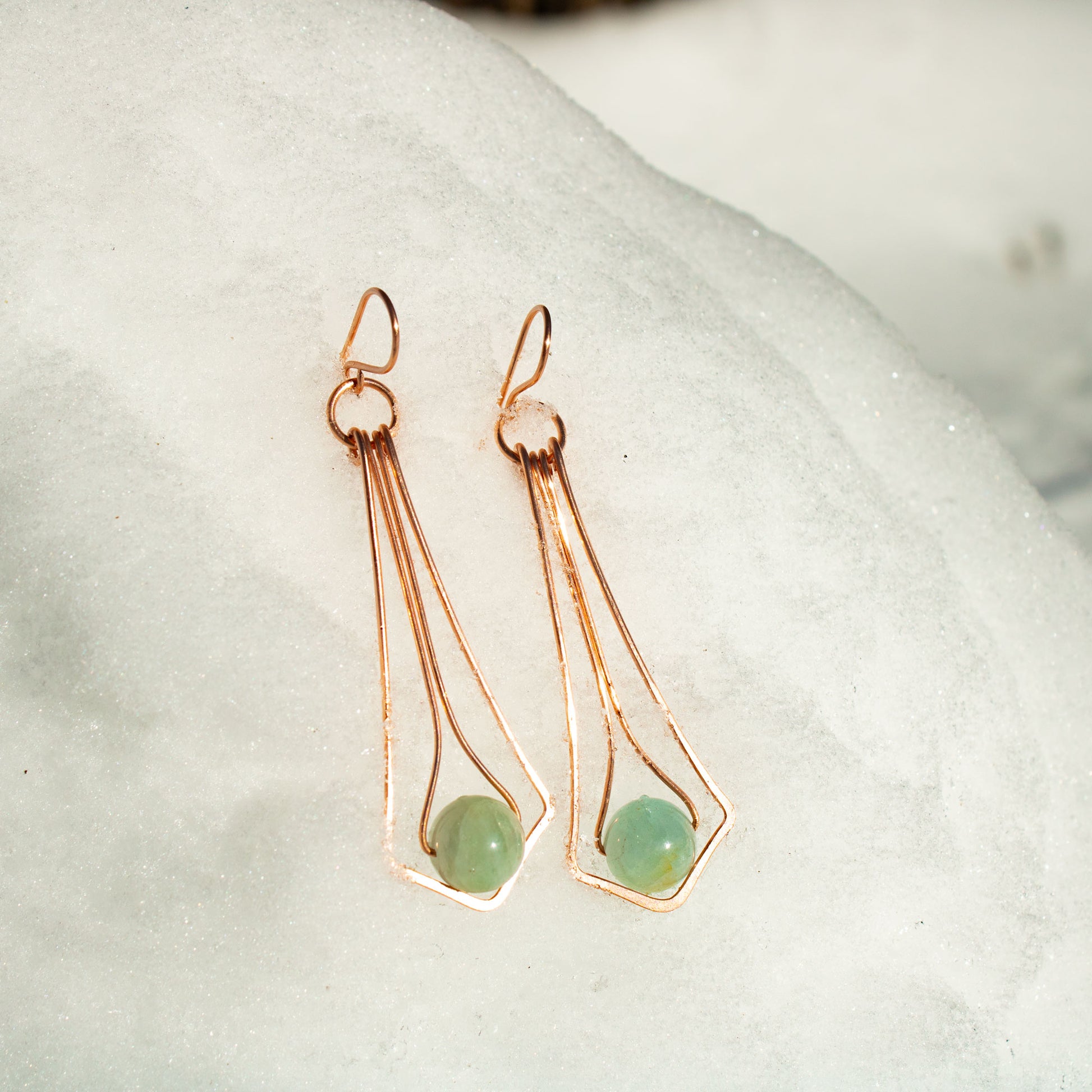 art deco copper wire wrapped earrings with 10mm aquamarine beads handmade USA