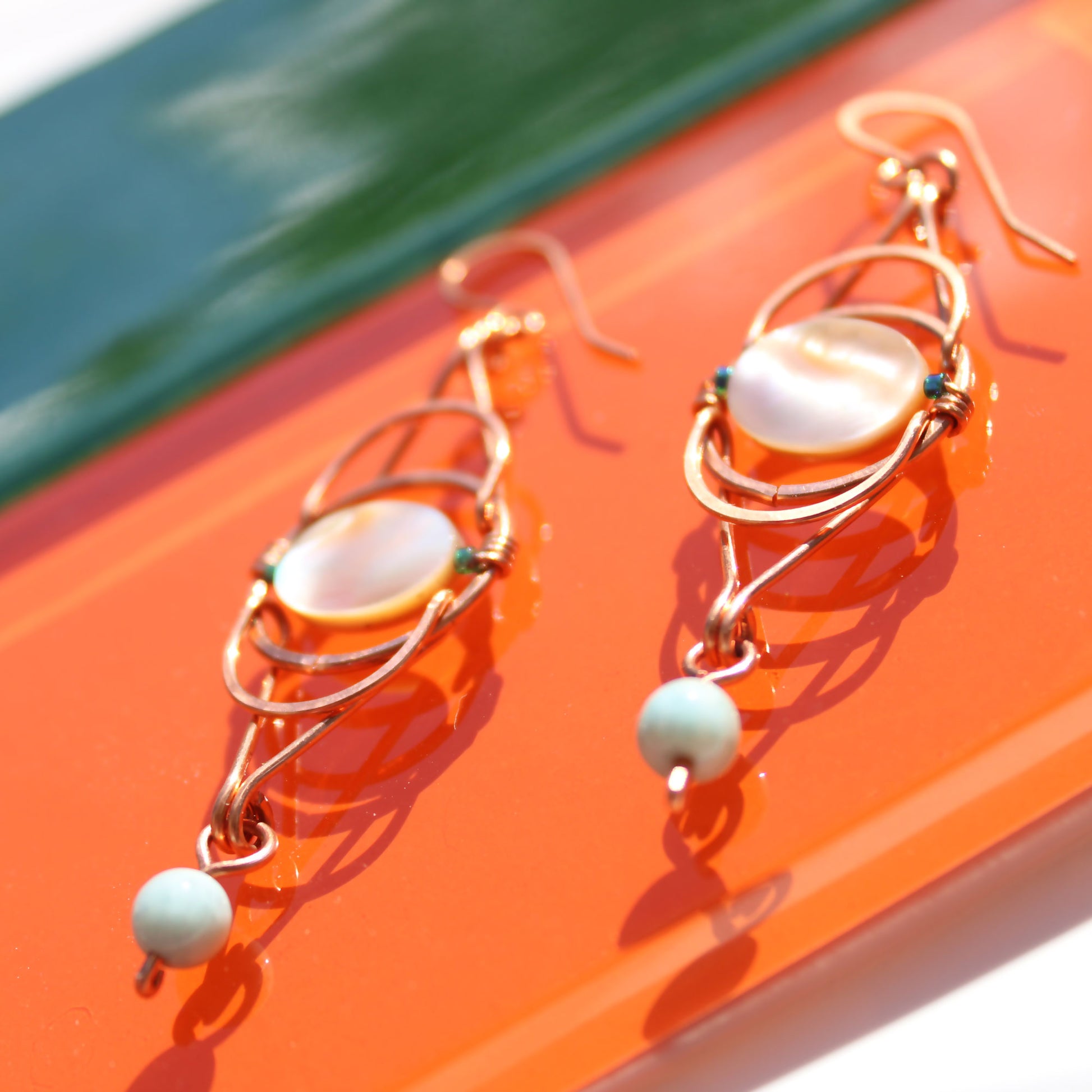 art deco revival original copper handmade design with shell and aquamarine beads carrie foscato design