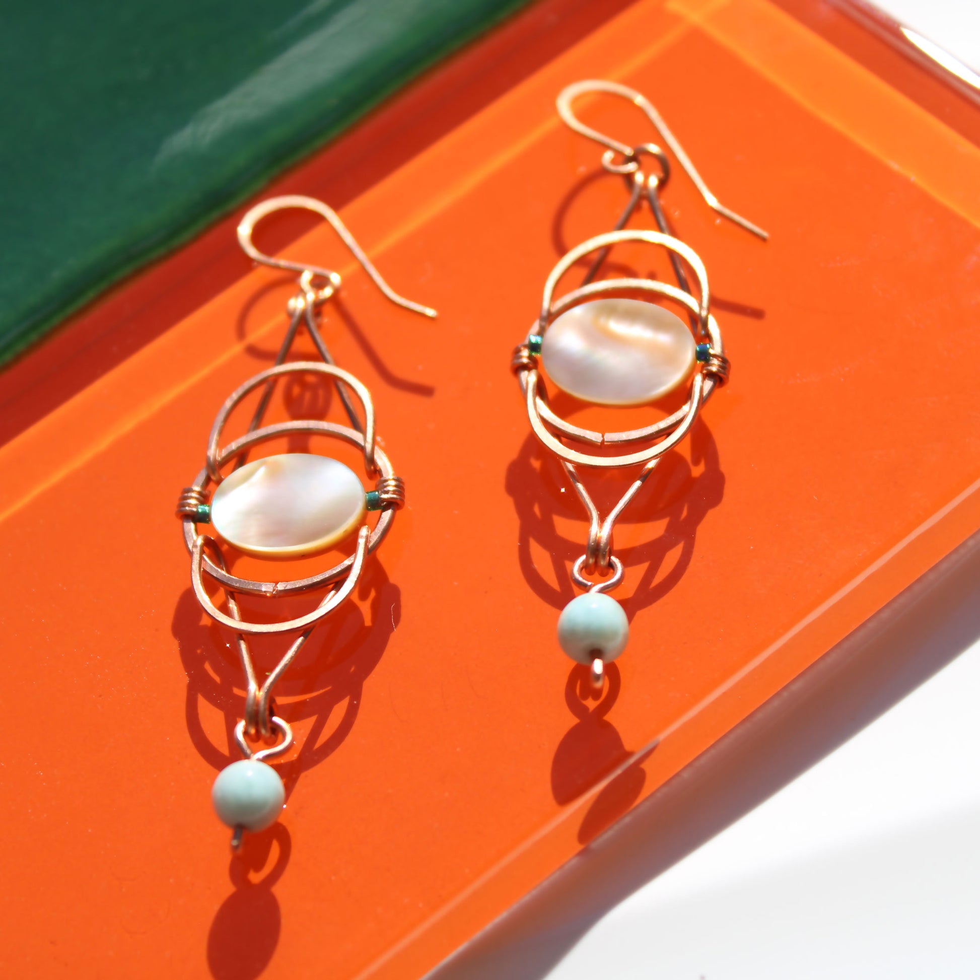 art deco revival original copper handmade design with shell and aquamarine beads carrie foscato design
