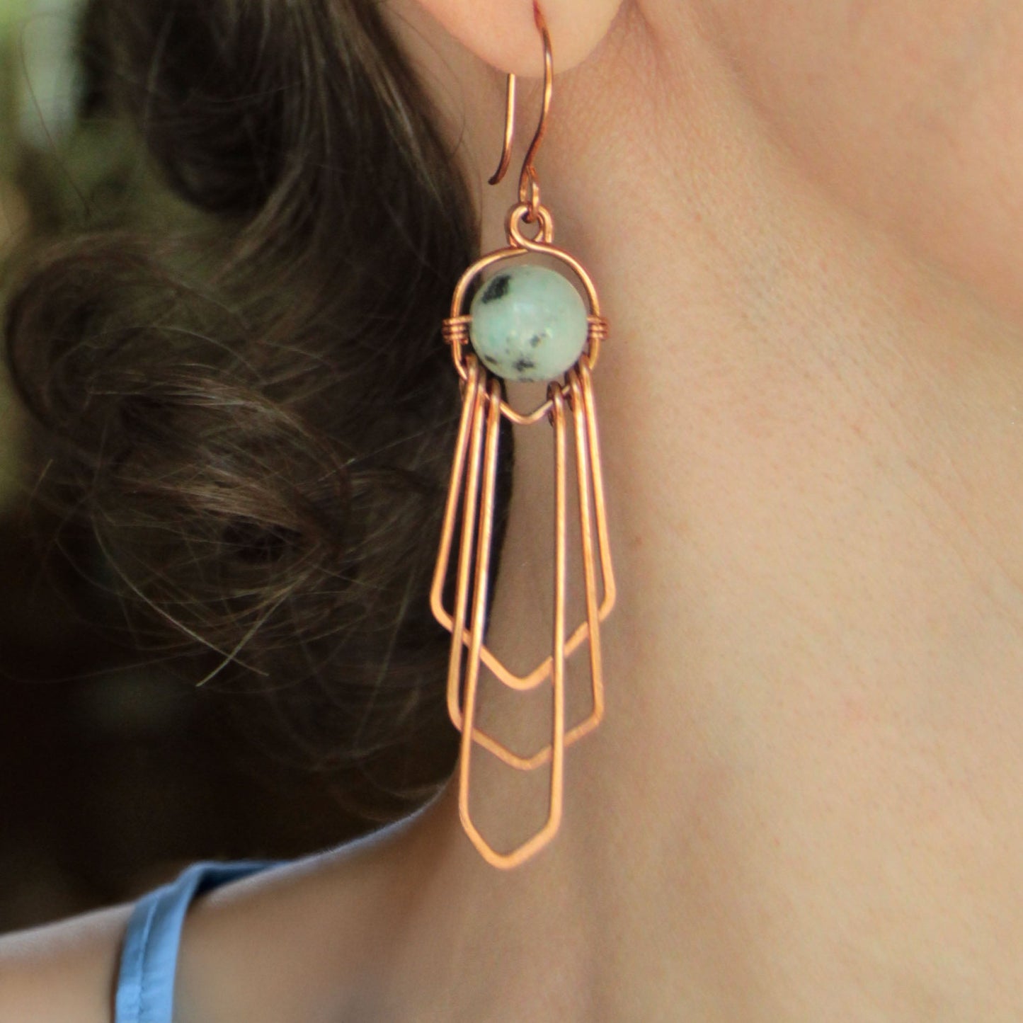 art deco beaded copper earrings made in usa carrie foscato design