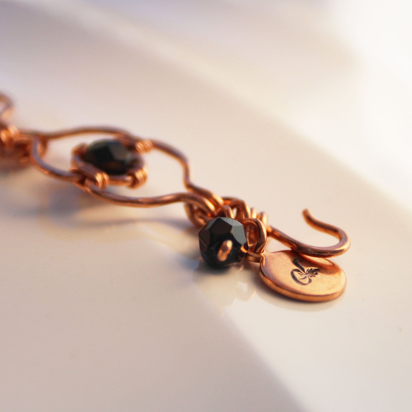 Handmade copper link bracelet with black Czech beads - Medieval style jewelry