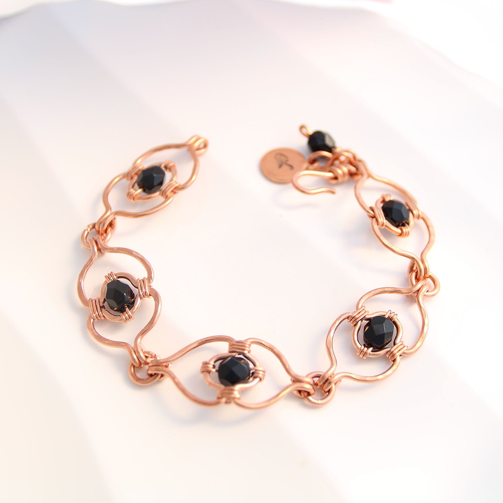 Artisan Copper Link Bracelet with Black Czech Beads – Medieval