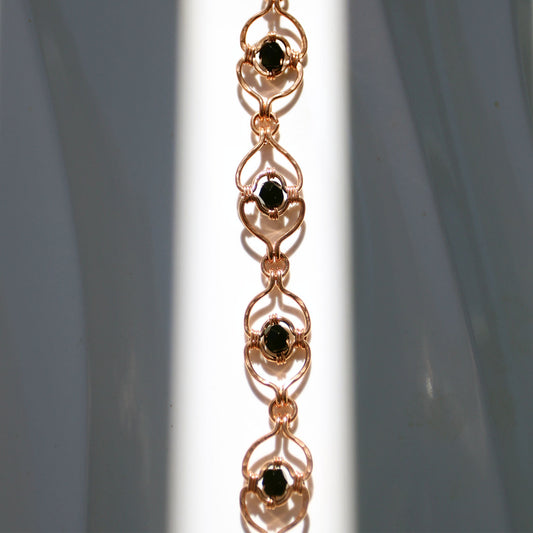 Handmade copper link bracelet with black Czech beads - Medieval style jewelry