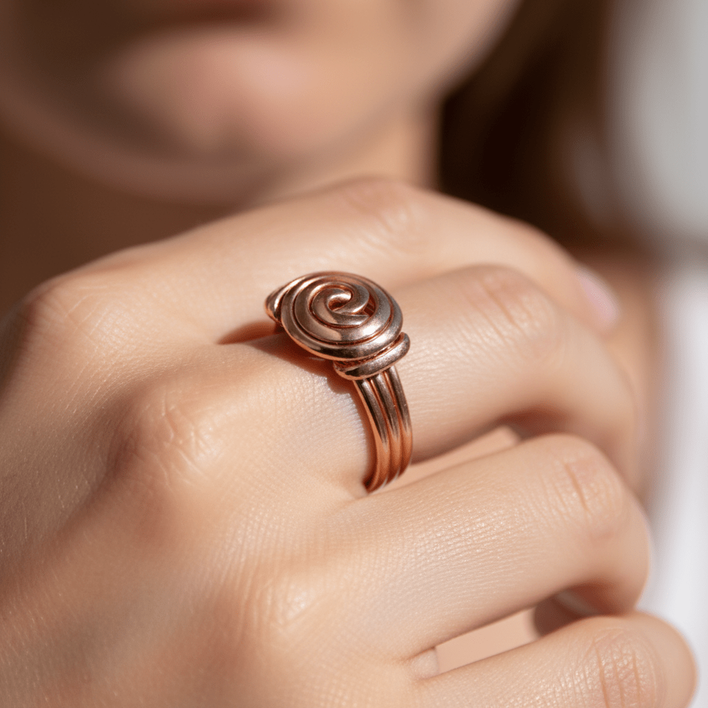 Bold copper statement ring worn on finger - Wide band spiral design, gifts for her