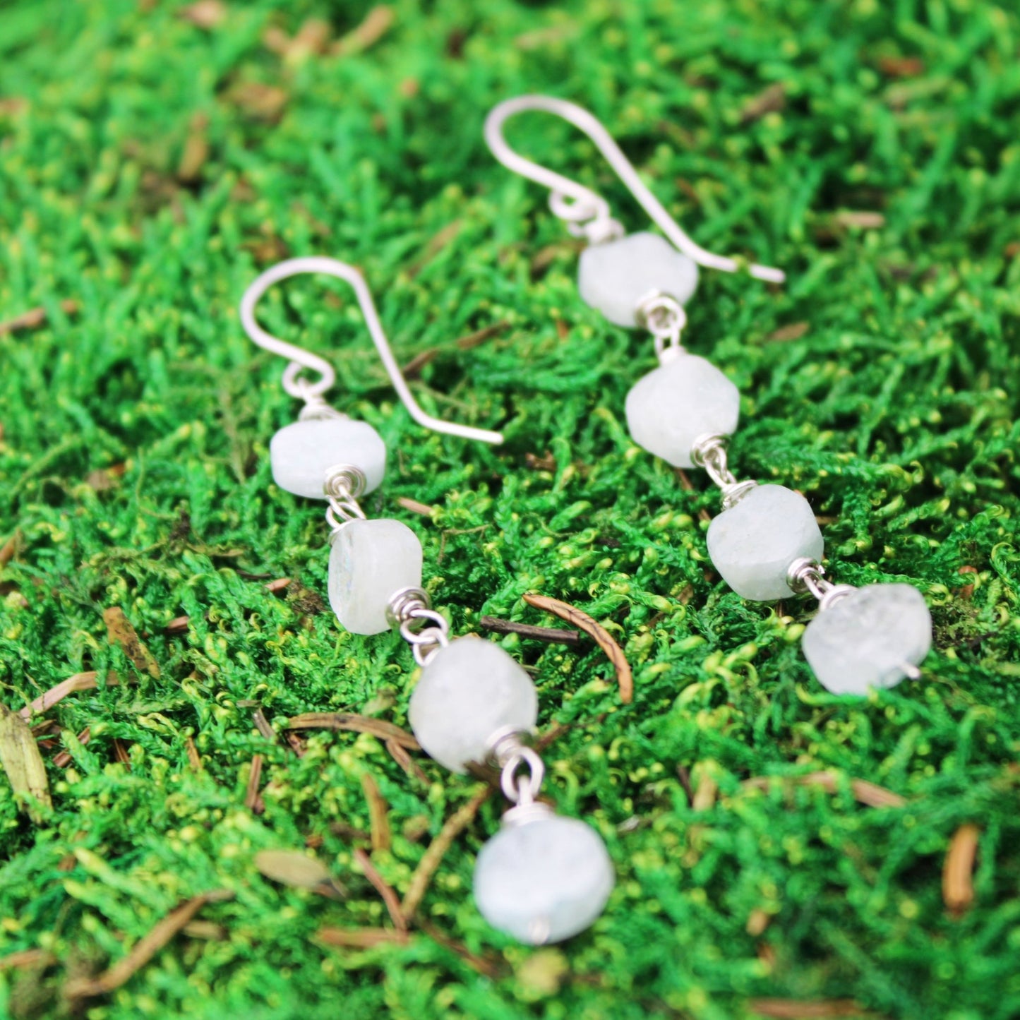 aquamarine coin beads waterfall style sterling silver earrings french ear hooks carrie foscato design handmade in USA