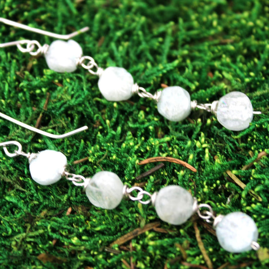 aquamarine coin beads waterfall style sterling silver earrings french ear hooks carrie foscato design handmade in USA