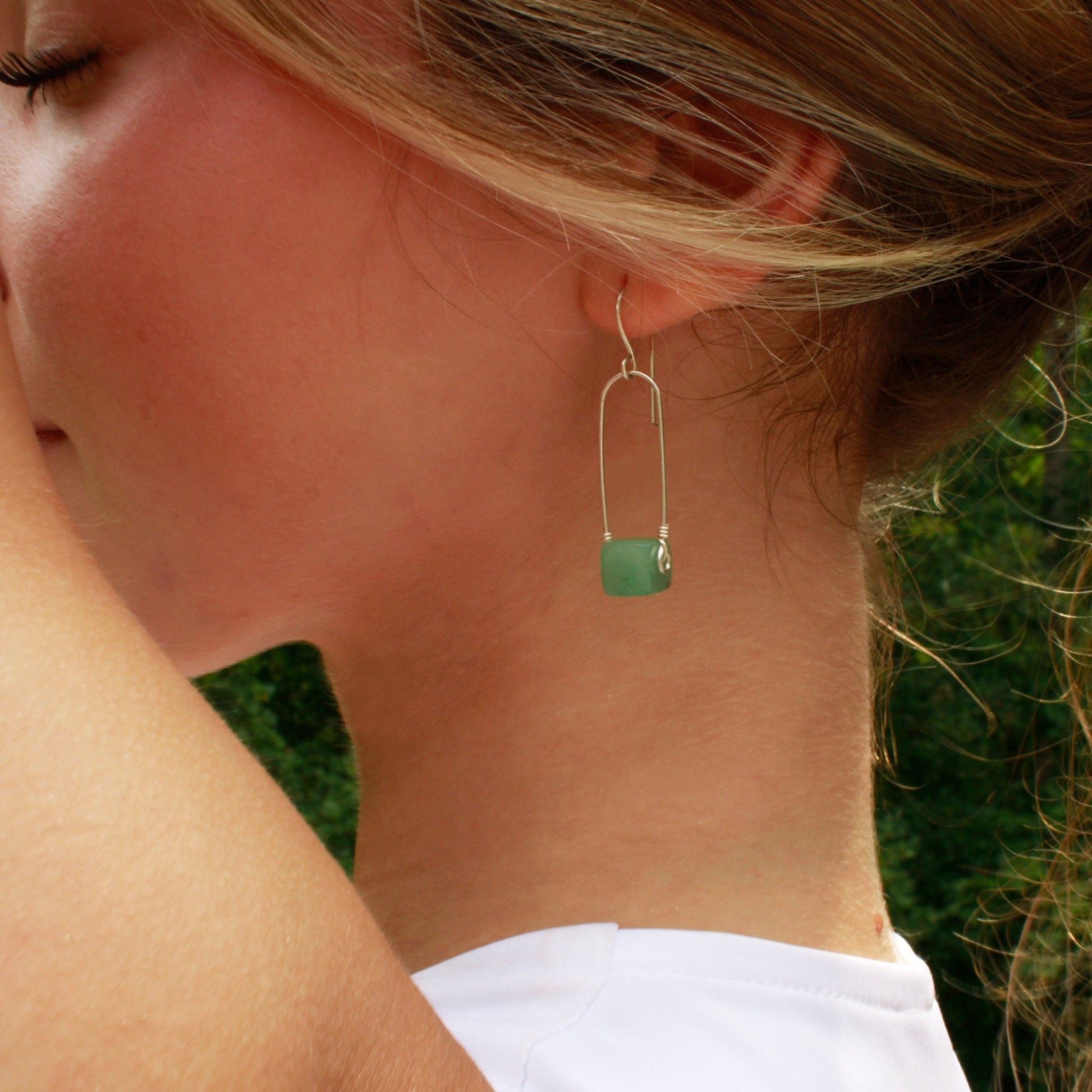 handmade sterling silver equestrian inspired earrings with aventurine cube gemstones carrie foscato design USA