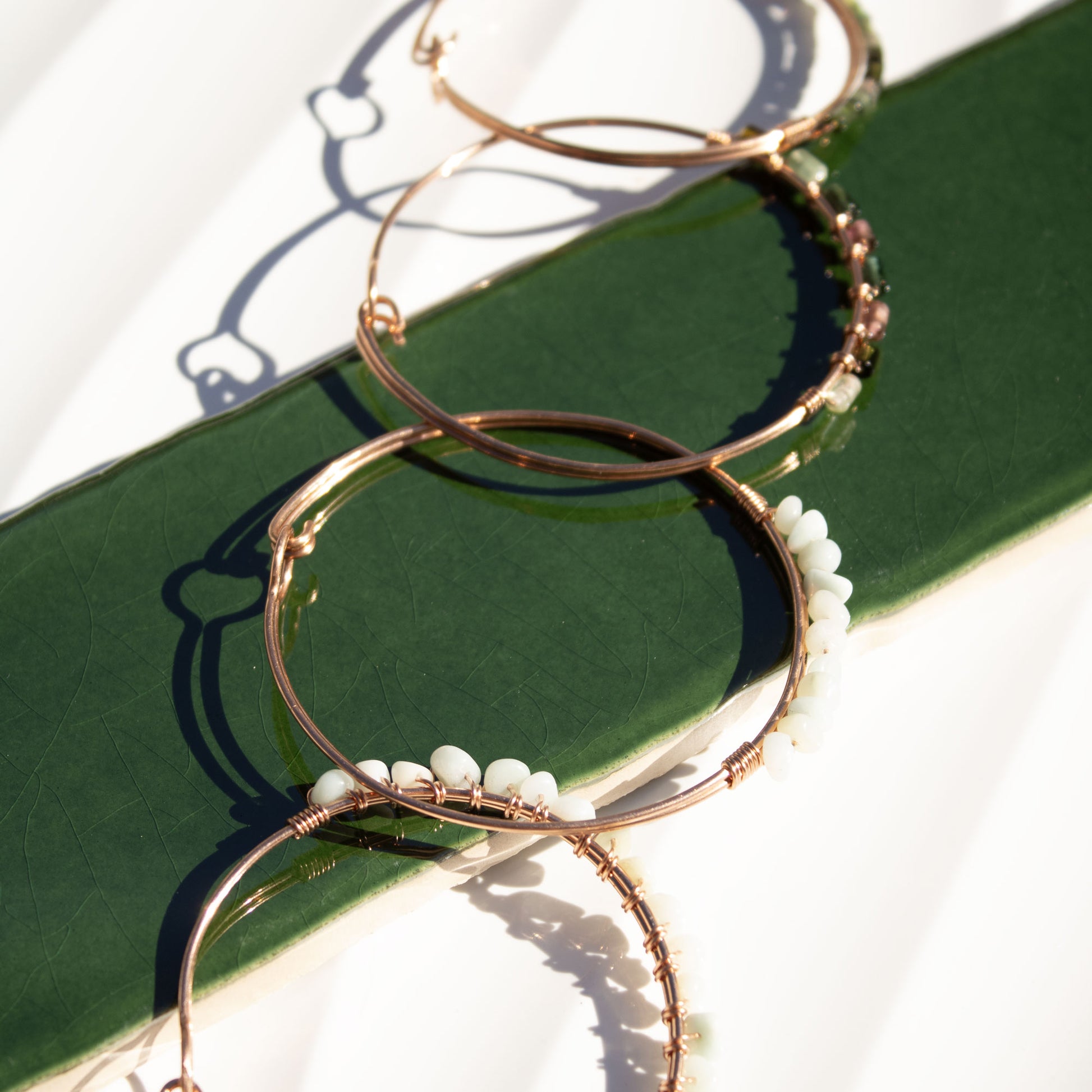 copper bangle bracelet with amazonite pebble beads handmade in USA carrie foscato design