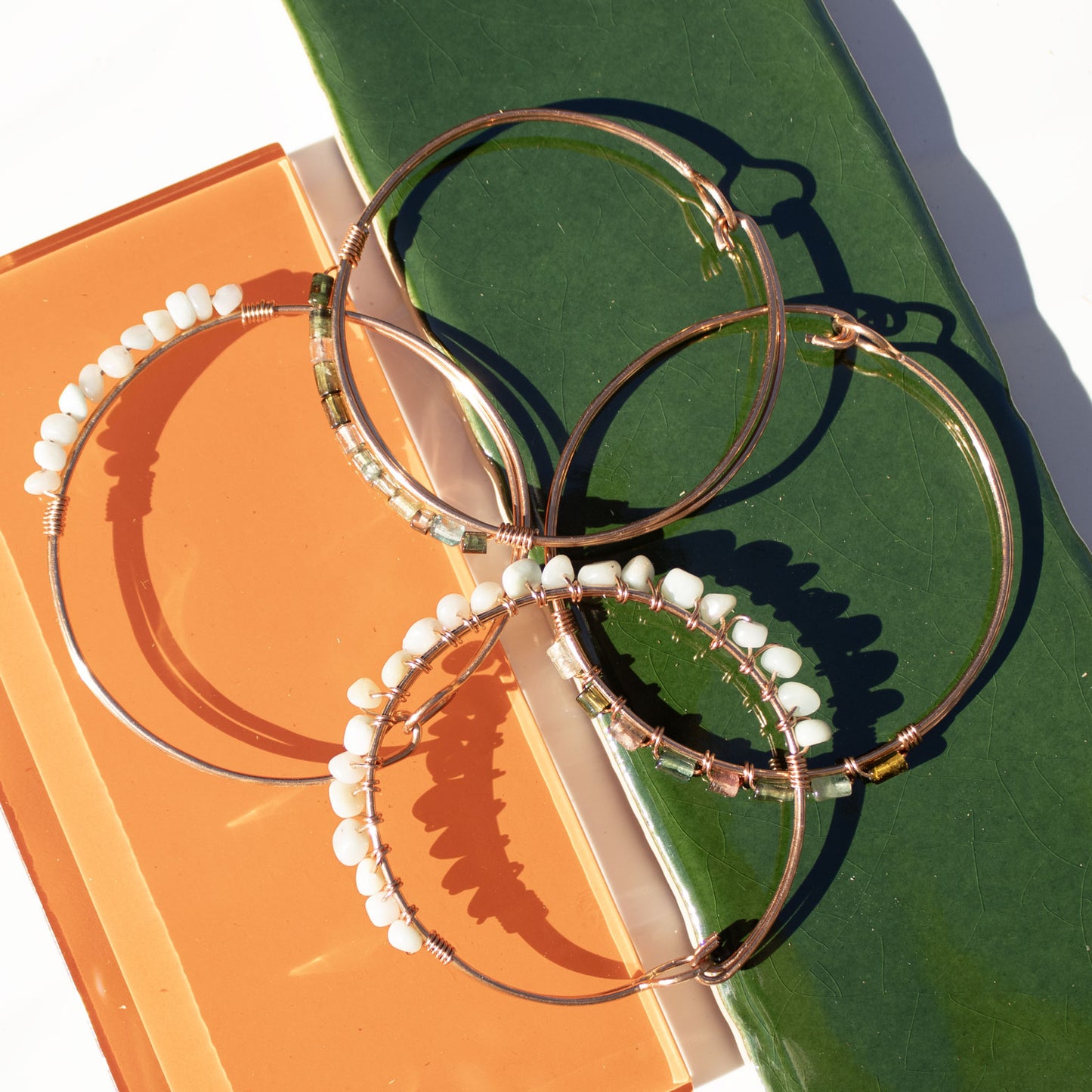 copper bangle bracelet with tourmaline tube beads handmade in USA carrie foscato design