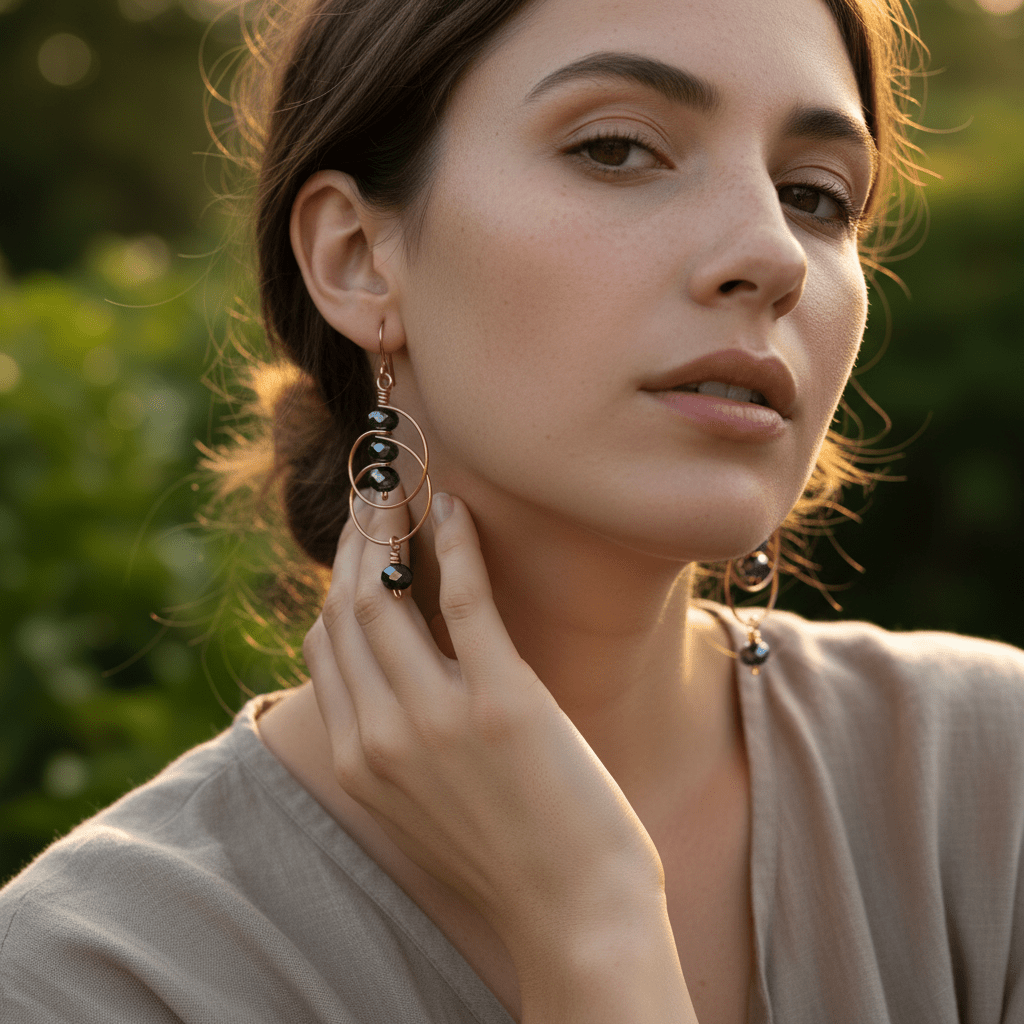 woman wearing handmade copper double looped earrings with blueberry spinel beads. Carrie Foscato Design