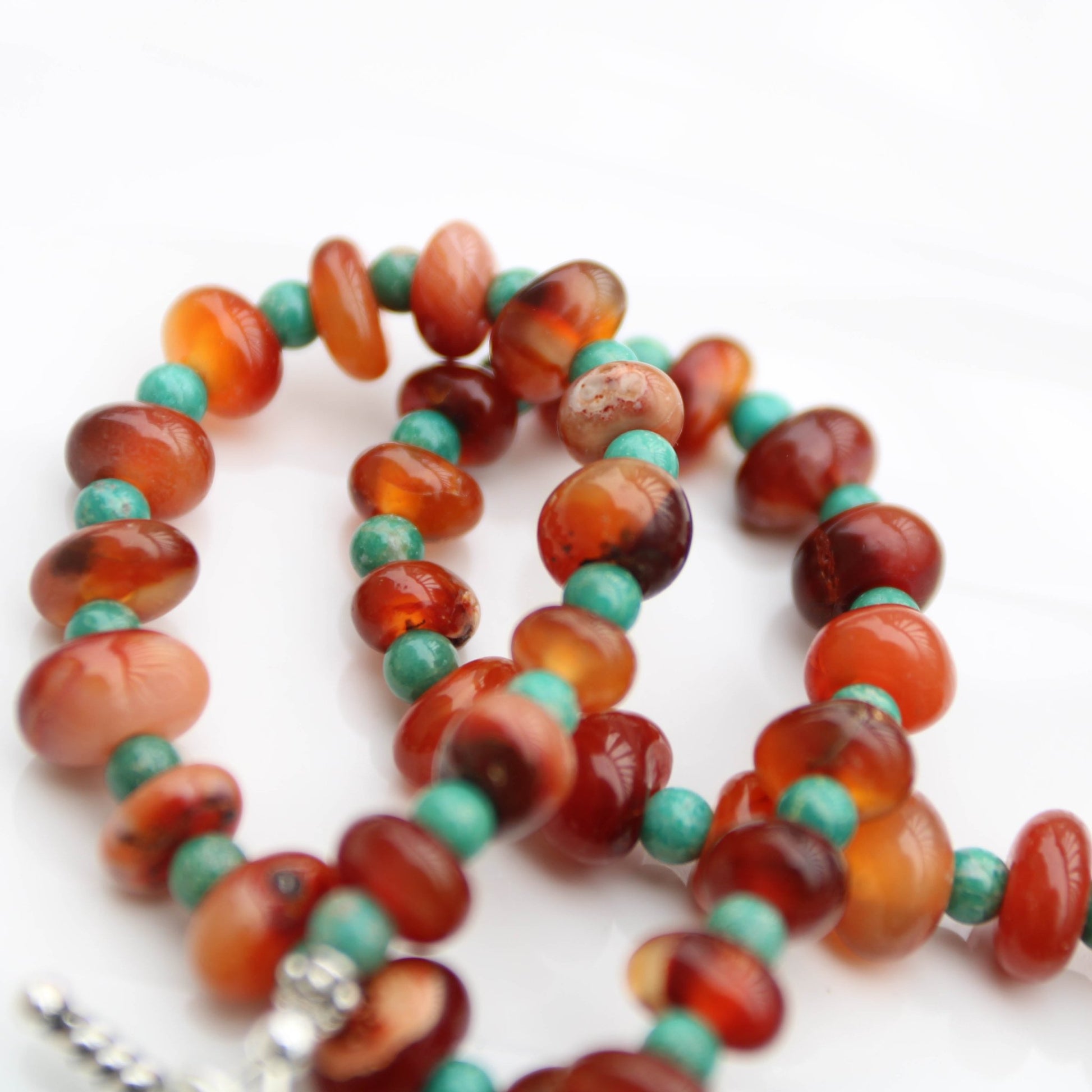 Botswana Red Agate Donut style beads accented with magnesite turquoise sterling toggle clasp handmade in virginia