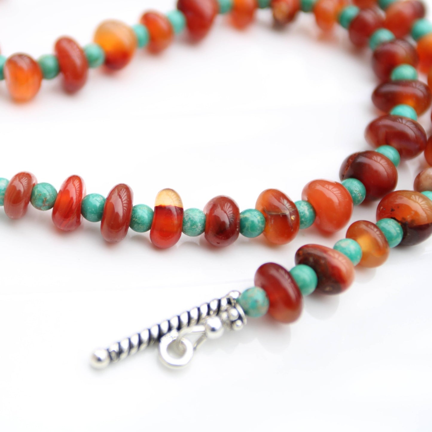 Botswana Red Agate Donut style beads accented with magnesite turquoise sterling toggle clasp handmade in virginia