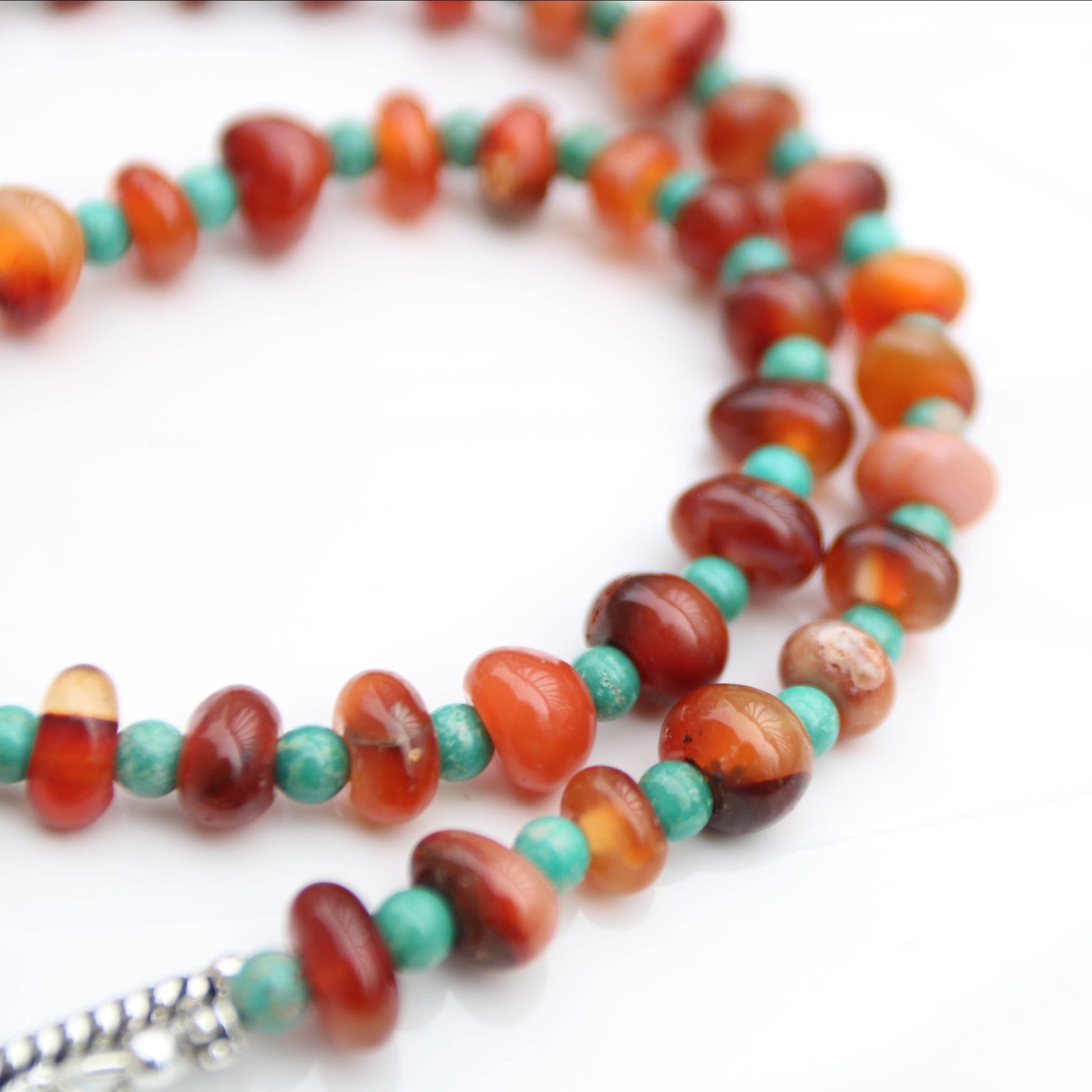 Botswana Red Agate Donut style beads accented with magnesite turquoise sterling toggle clasp handmade in virginia