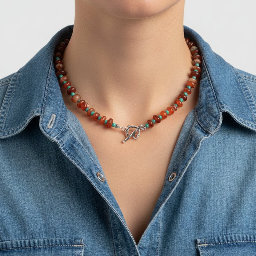 Botswana Red Agate Donut style beads accented with magnesite turquoise sterling toggle clasp handmade in virginia