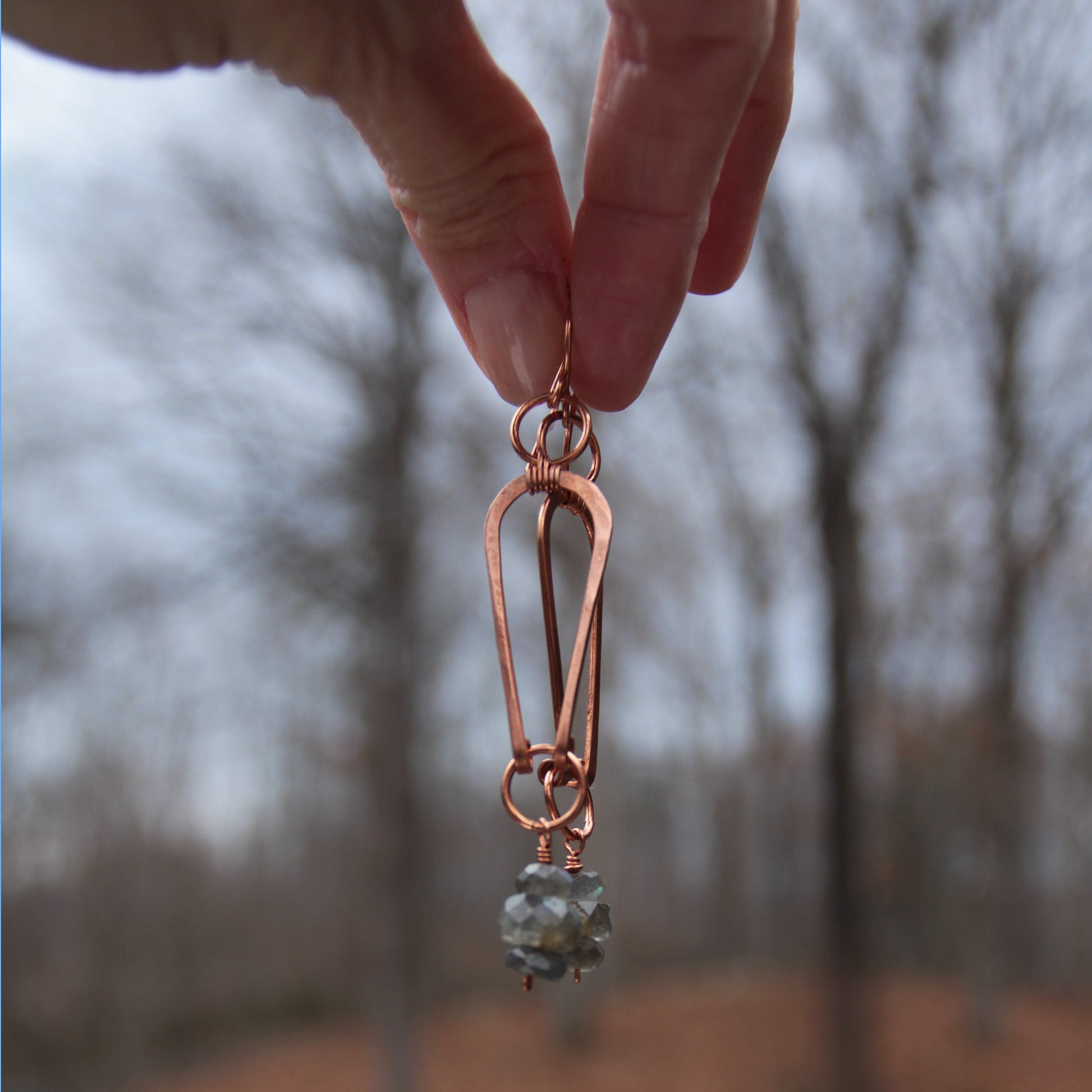 Copper geometric arch earrings with labradorite nuggets. carrie foscato design USA