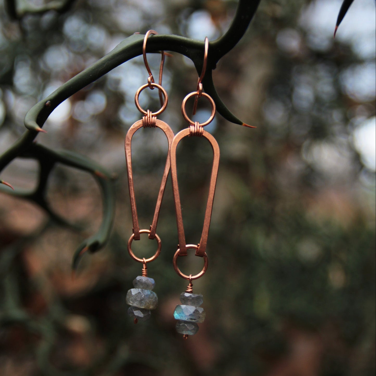 Copper geometric arch earrings with labradorite nuggets. carrie foscato design USA