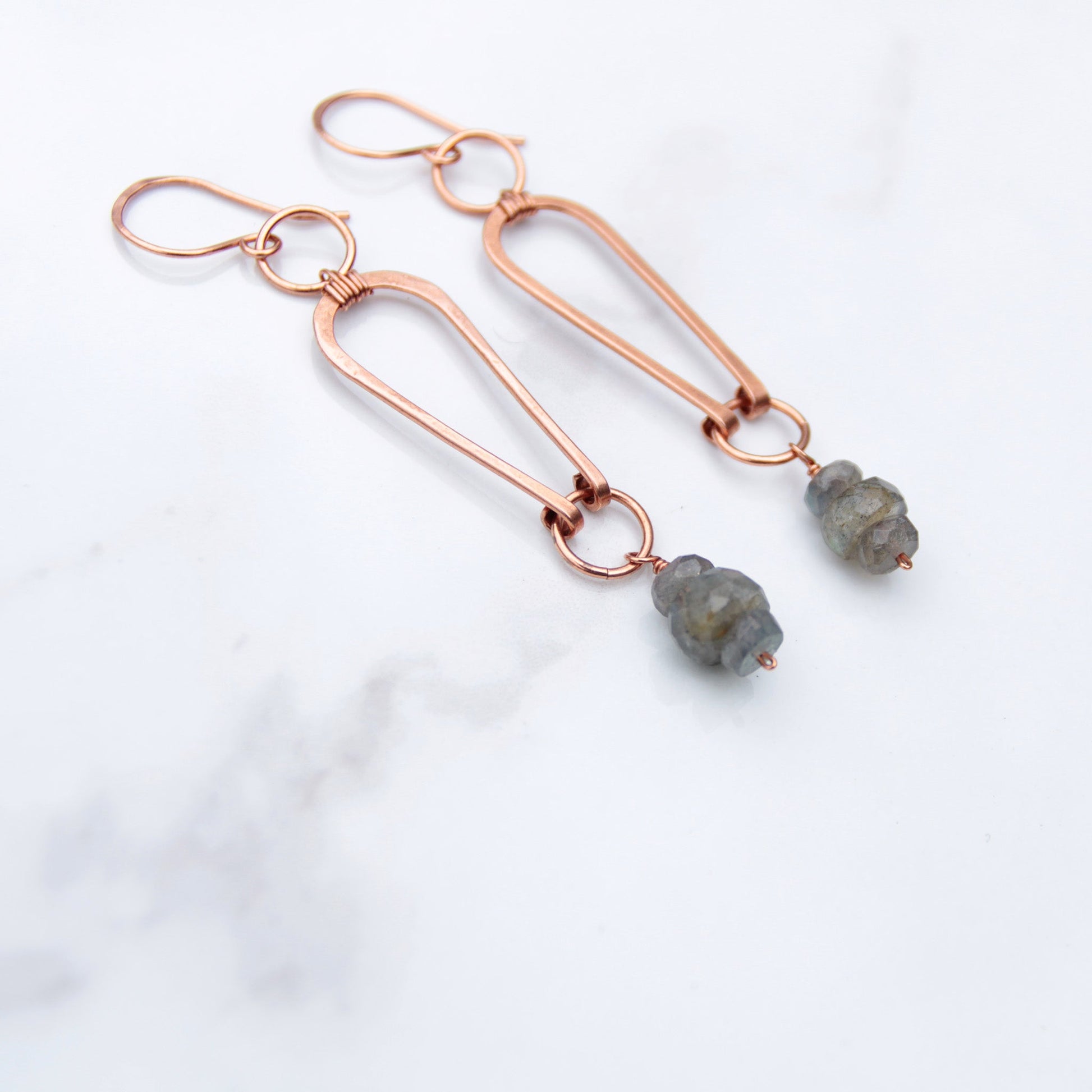 Copper geometric arch earrings with labradorite nuggets. carrie foscato design USA