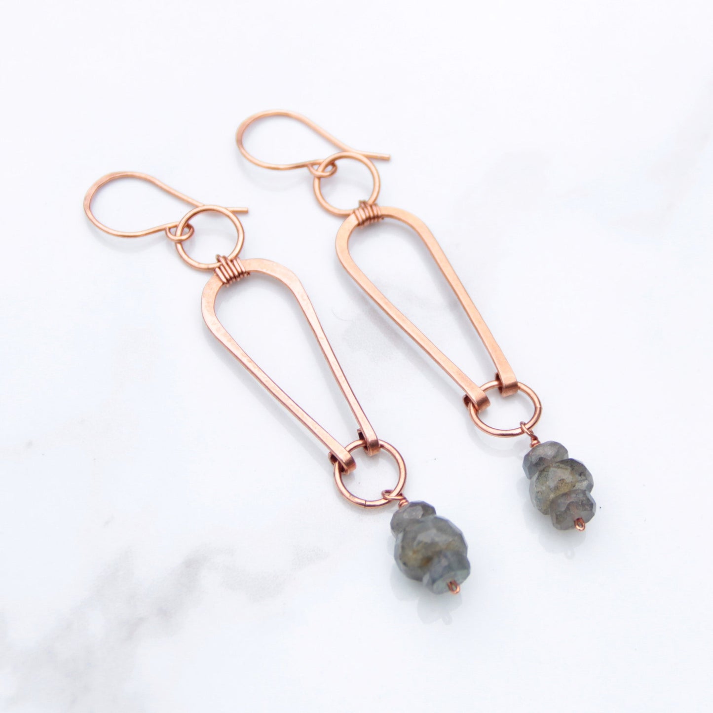 Copper geometric arch earrings with labradorite nuggets. carrie foscato design USA