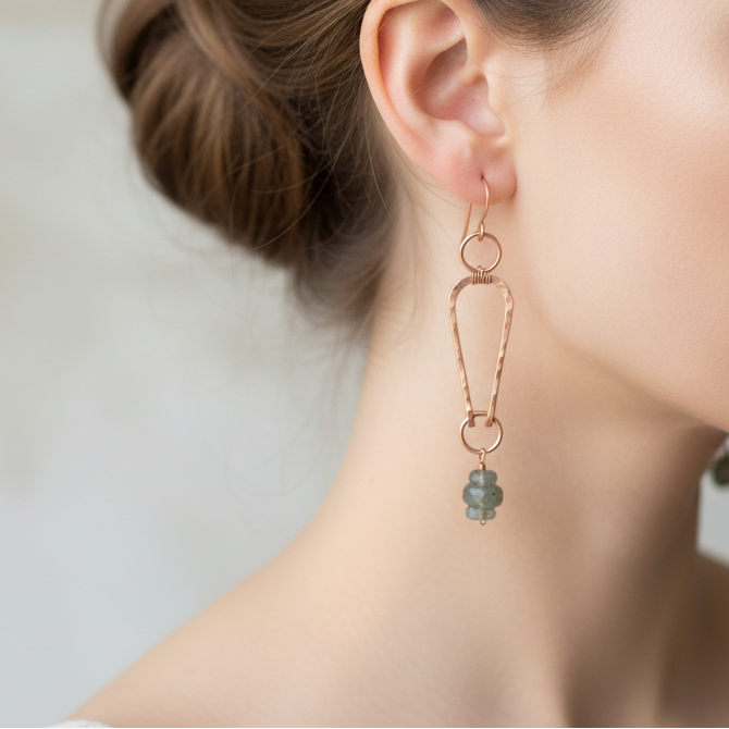 handmade hammered copper geometric arch earrings with labradorite nuggets, carrie foscato design USA