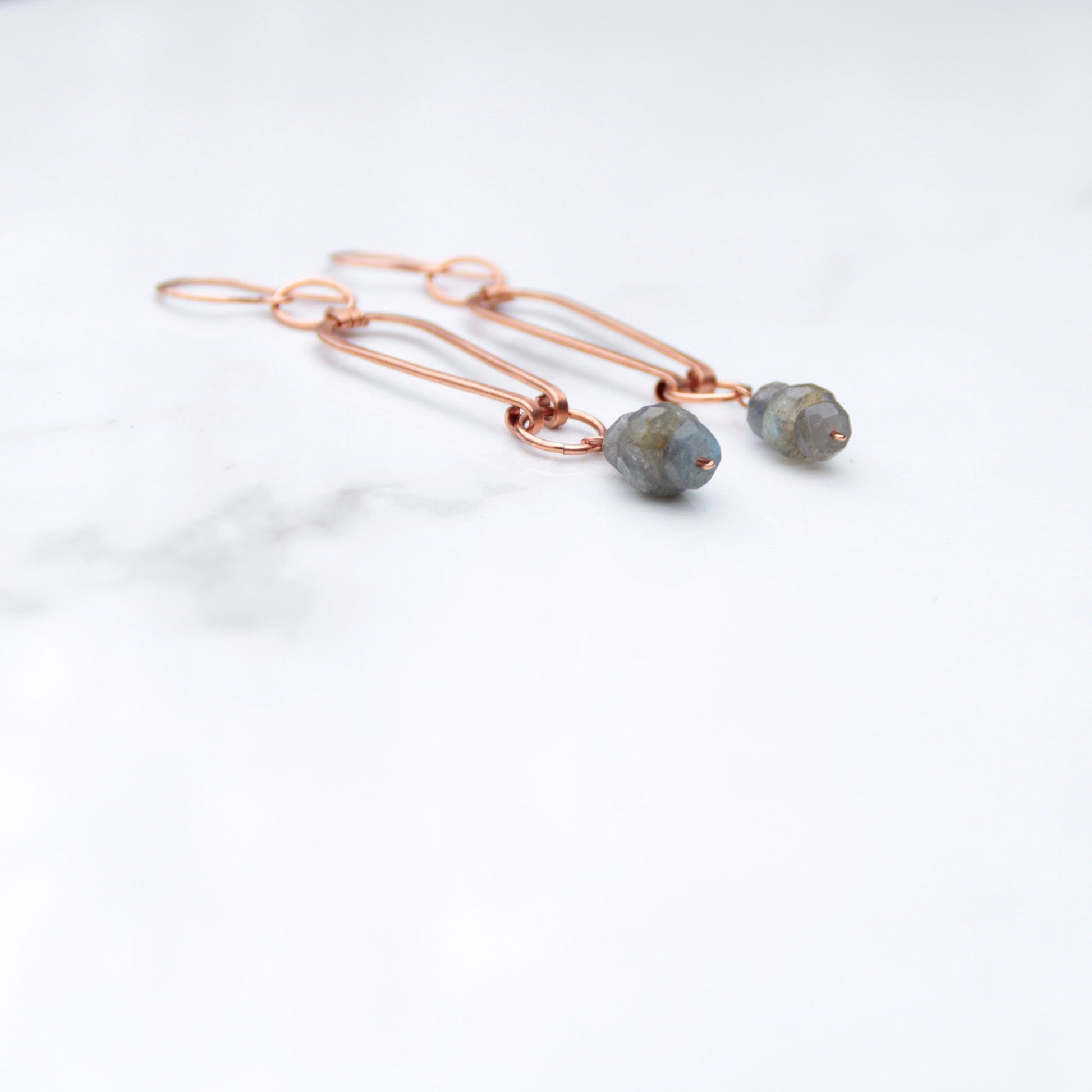 Copper geometric arch earrings with labradorite nuggets. carrie foscato design USA