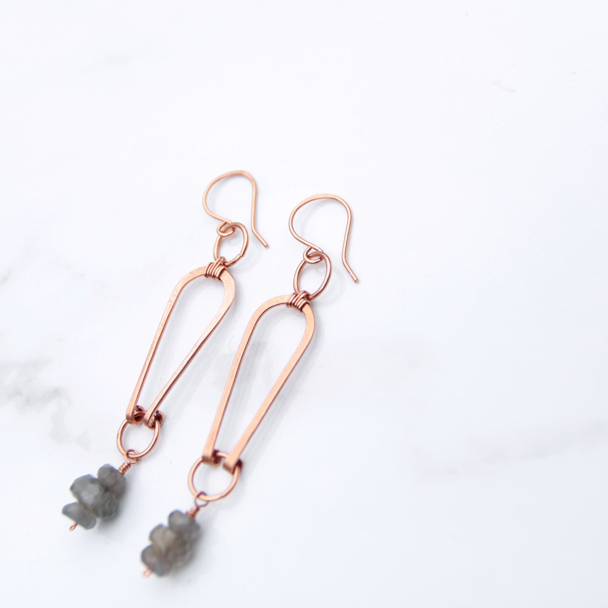 Copper geometric arch earrings with labradorite nuggets. carrie foscato design USA