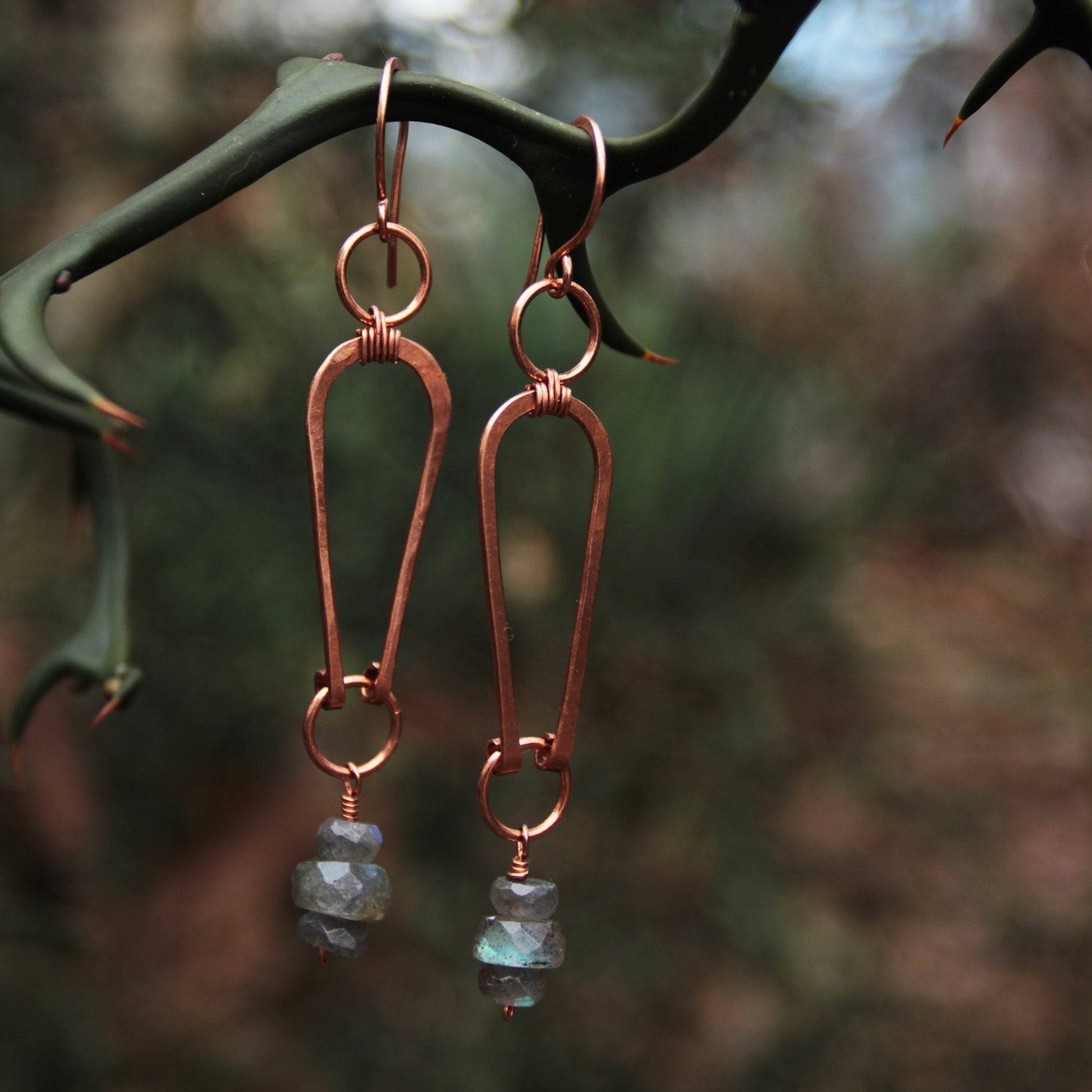 Copper geometric arch earrings with labradorite nuggets. carrie foscato design USA