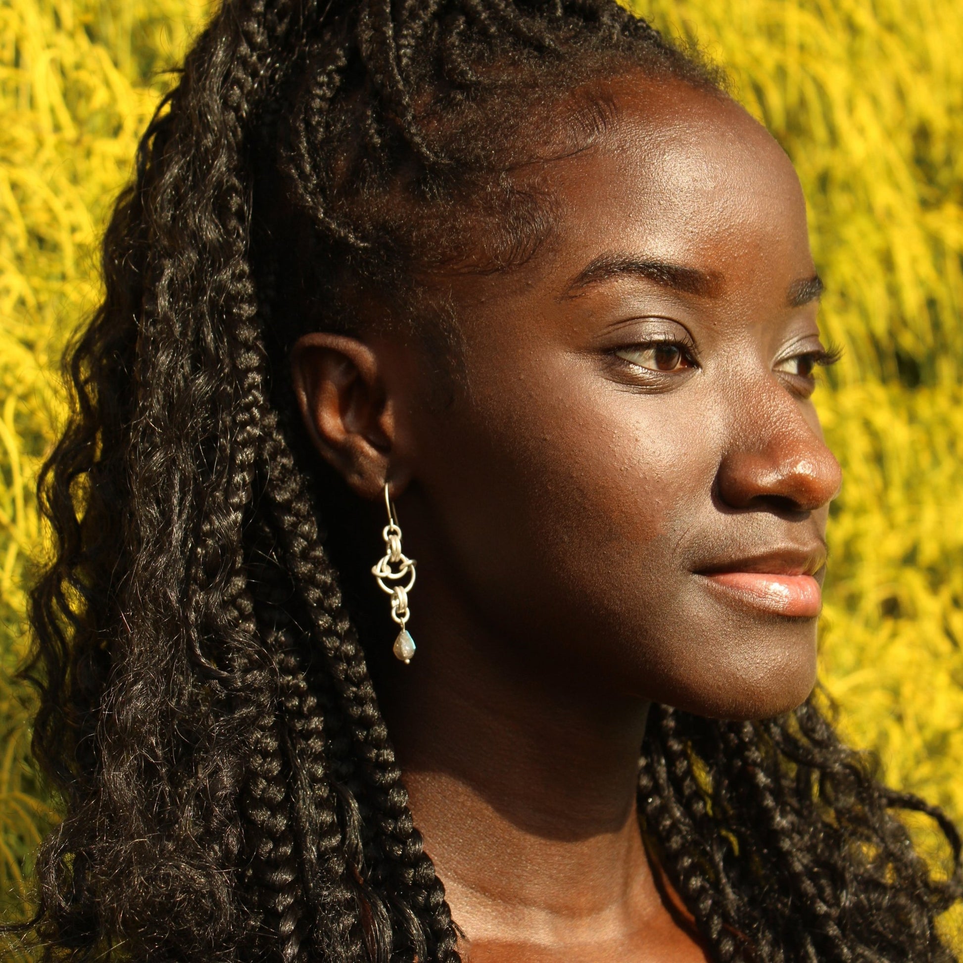 sterling silver chain mail earrings with labradorite teardrop stone handmade in USA carrie foscato design