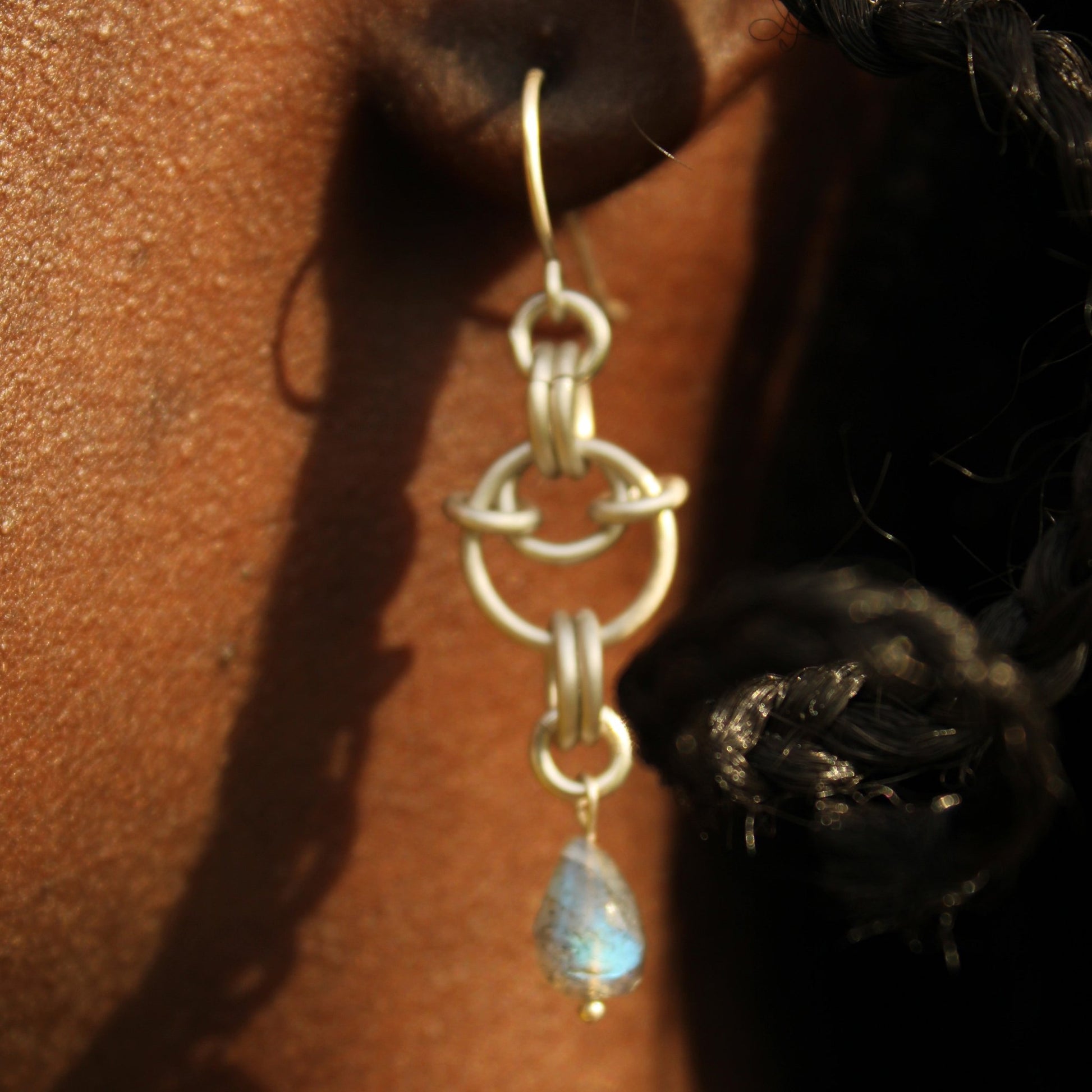 sterling silver chain mail earrings with labradorite teardrop stone handmade in USA carrie foscato design