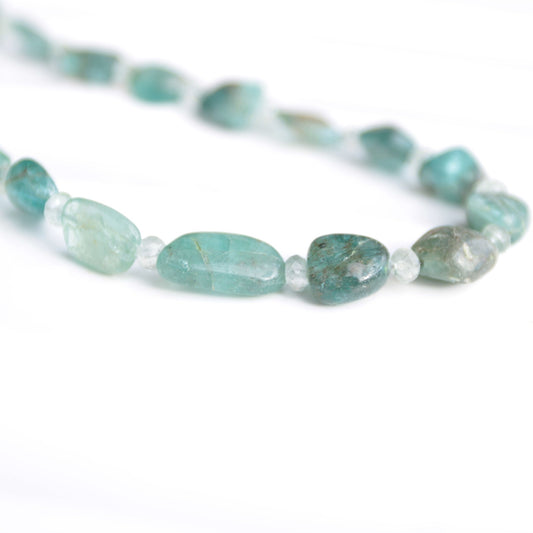 blue green Apatite nugget and aquamarine beaded necklace with sterling silver toggle carrie foscato design handmade USA