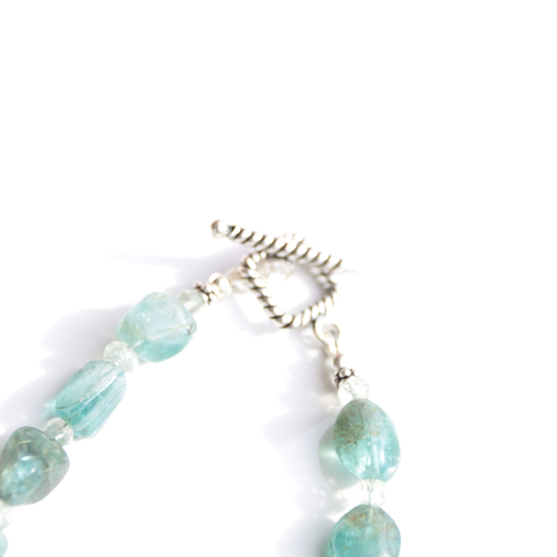 blue green Apatite nugget and aquamarine beaded necklace with sterling silver toggle carrie foscato design handmade USA