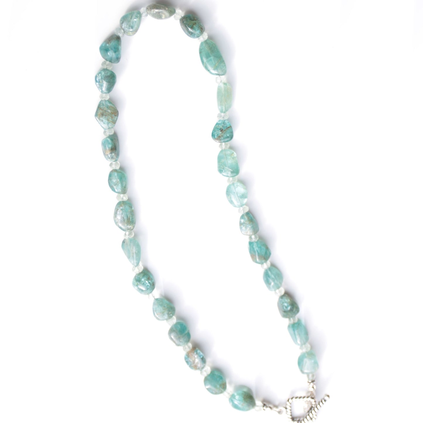 blue green Apatite nugget and aquamarine beaded necklace with sterling silver toggle carrie foscato design handmade USA