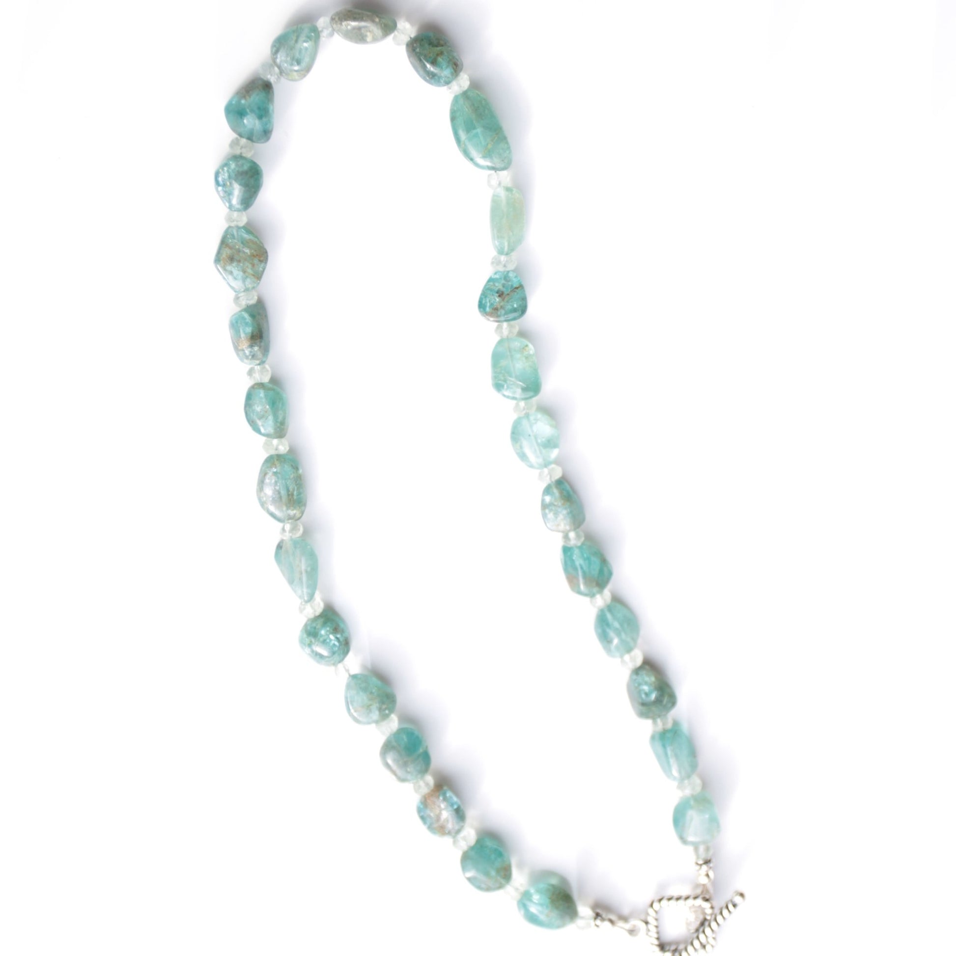 blue green Apatite nugget and aquamarine beaded necklace with sterling silver toggle carrie foscato design handmade USA