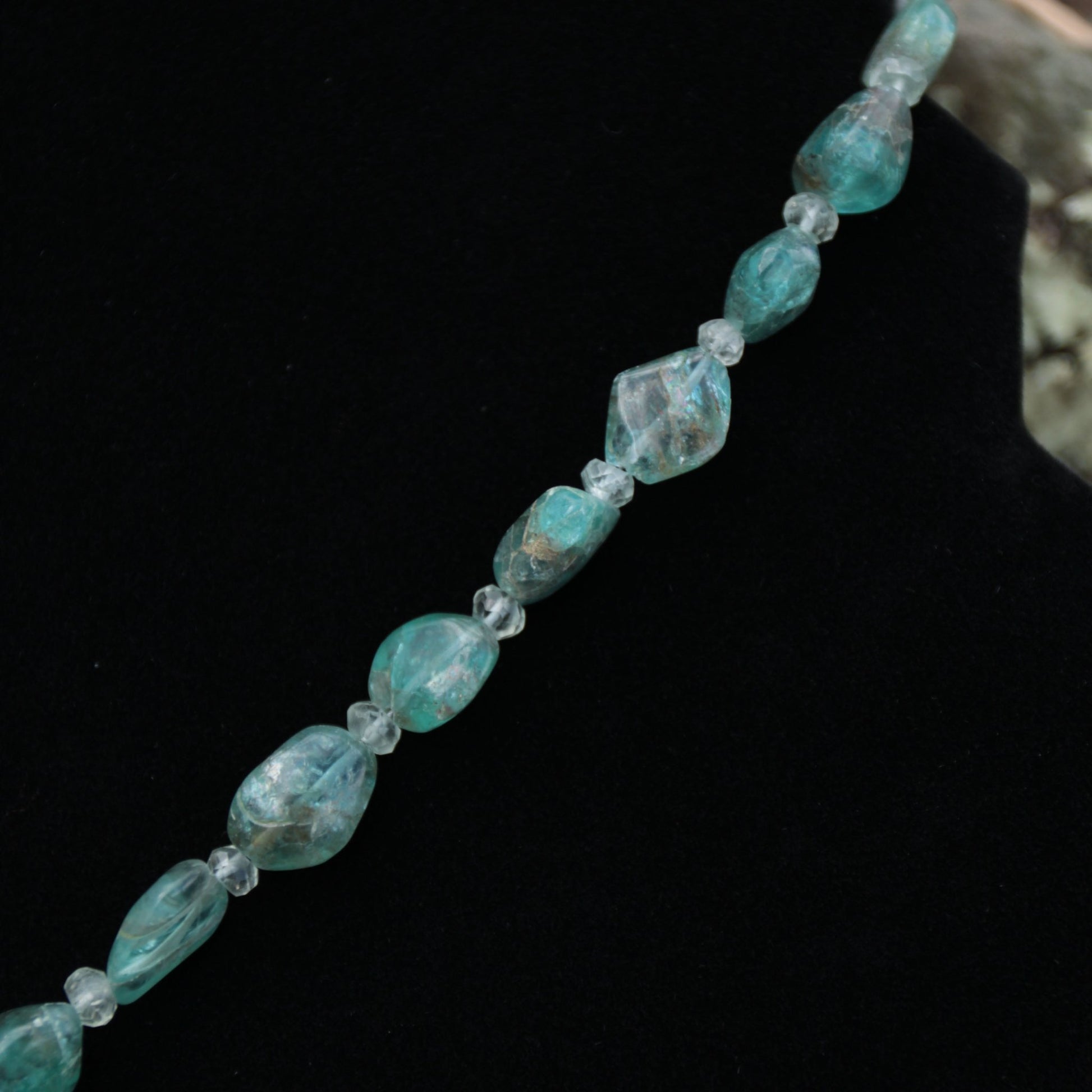 blue green Apatite nugget and aquamarine beaded necklace with sterling silver toggle carrie foscato design handmade USA